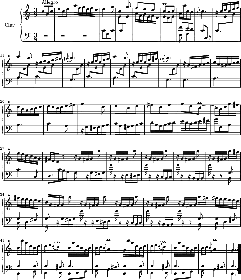 
\version "2.18.2"
\header {
  tagline = ##f
  % composer = "Domenico Scarlatti"
  % opus = "K. 251"
  % meter = "Allegro"
}

%% les petites notes
trillCq       = { \tag #'print { c8\prall~ } \tag #'midi { d32 c d c~ } }
trillC        = { \tag #'print { \appoggiatura d8 c4\prall } \tag #'midi { d32 c d c~ c8 } }
trillA        = { \tag #'print { \appoggiatura b8 a4\prall } \tag #'midi { b32 a b a~ a8 } }
appoFisG      = { \tag #'print { \appoggiatura fis8 g4. } \tag #'midi { fis4 g8 } }
appoBC        = { \tag #'print { \appoggiatura b8 c4. } \tag #'midi { b4 c8 } }


upper = \relative c'' {
  \clef treble 
  \key c \major
  \time 3/8
  \tempo 4. = 68
  \set Staff.midiInstrument = #"harpsichord"
  \override TupletBracket.bracket-visibility = ##f

  \repeat volta 2 {
      s8*0^\markup{Allegro}
      c8 g c | e c e | a16 f g e f d | e4 g8 | \stemUp c,4 g'8 | f8 e d 
      % ms. 7
      \trillCq b8 c | \stemNeutral  a16 a' c,8 b | \appoBC |
      % ms. 10
      \repeat unfold 2 { \stemUp r16 c16 d c e f | a4 g8 | r16 c,16 d c e fis | \appoFisG } | \stemNeutral r16 g,16 fis g a b | c a gis a b c |
      % ms. 20
      d16 b a b c d | e d c d e fis | g4 d8 | e c e | fis d fis | g e \trillCq |
      % ms. 26
      c8 b16 d g fis | e d c b a g | fis e d8 r8 | \repeat unfold 4 { r16 g[ fis g] g'8 } |
      % ms. 33
      r16 g,16[ fis g] g' fis | fis e e d d c | b[ g fis g] g'8 | \repeat unfold 3 { r16 g,16[ fis g] g'8 } | 
      % ms. 39
      r16 g,16[ fis g] g' fis | fis e e d d c | b b' g d b d | d e \trillC | b16 g' d b g b |
      % ms. 44
      b16 c \trillA  | g16 b' g d b d | d e \trillC | b16 g' d b g b | b c \trillA | g4. }%repet

}

lower = \relative c' {
  \clef bass
  \key c \major
  \time 3/8
  \set Staff.midiInstrument = #"harpsichord"
  \override TupletBracket.bracket-visibility = ##f

  \repeat volta 2 {
    % ************************************** 
      R4.*3 | c8 g c | \stemDown \change Staff = "upper" e \stemUp \change Staff = "lower" c \stemDown \change Staff = "upper" e | a16 f g e f d |
      % ms. 7
      e8 d e | \stemUp \change Staff = "lower" << { f8 e d } \\ { f,8 g4 } >> | c8   \tempo 4. = 56 c, r8 |   \tempo 4. = 68
      \repeat unfold 2 { << { c'8 \stemDown \change Staff = "upper" e g | \stemUp  \change Staff = "lower"  b, \stemDown \change Staff = "upper" d g | \stemUp  \change Staff = "lower"  c, \stemDown \change Staff = "upper" e g | \stemUp  \change Staff = "lower"  g, \stemDown \change Staff = "upper" d' g } \\ { \mergeDifferentlyDottedOn c,4. b c g } >> } \stemNeutral 
      % ms. 18
      g4. a b c4 a8 |
      % ms. 22
      r16 g fis g a b | c a gis a b c | d b a b c d | e d c d e fis |
      % ms. 26
      g8 g, b | c4 c,8 | d8. c'16 b a | g8 r16 g16 fis g | g'16 r16 r16 e,16 dis e | g'16 r16 r16 c,,16 b c 
      % ms. 32
      g''16 r16 r16 b,,16 a b | g''16 r16 r8 << { g,8 | g4 fis8 | g } \\ { b,8 | c8 d4 | g,8 } >> r16
      g'16 fis g | g'16 r16 r16 e,16 dis e | g'16 r16 r16 c,,16 b c | g''16 r16 r16 b,,16 a b | g''16 r16 r8
      % ms. 39
      << { g,8 | g4 fis8 } \\ { b,8 | c8 d4 } >>
      % ms. 41
      \repeat unfold 2 { << { g4 g8 | g4 fis8 | g4. | g4   \tempo 4. = 56 fis8 \tempo 4. = 68 } \\ { g,4 b8 | a4 a8 | g a b | c d4 } >> } \tempo 4. = 56
      % ms. 44
      << { g4. } \\ { g,4. } >>   \tempo 4. = 68 }%repet

}

thePianoStaff = \new PianoStaff <<
    \set PianoStaff.instrumentName = #"Clav."
    \new Staff = "upper" \upper
    \new Staff = "lower" \lower
  >>

\score {
  \keepWithTag #'print \thePianoStaff
  \layout {
      #(layout-set-staff-size 17)
    \context {
      \Score
     \override SpacingSpanner.common-shortest-duration = #(ly:make-moment 1/2)
      \remove "Metronome_mark_engraver"
    }
  }
}

\score {
  \unfoldRepeats
  \keepWithTag #'midi \thePianoStaff
  \midi { }
}
