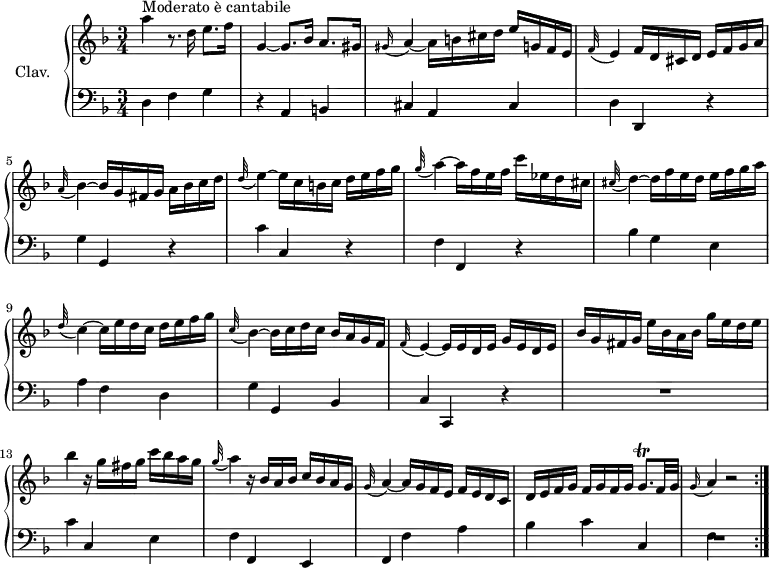 \version "2.18.2"
\header {
  tagline = ##f
}
%% les petites notes
trillGqp = { \tag #'print { g8.\trill } \tag #'midi { a32 g a g a g } }
appoAqqL = { \tag #'print { \appoggiatura gis16 a4~ } \tag #'midi { gis8 \tempo 4. = 50 a8~ \tempo 4. = 52 } }
appoFqqL = { \tag #'print { \appoggiatura e16 f4~ } \tag #'midi { e8. \tempo 4. = 50 f16~ \tempo 4. = 52 } }
appoBesqqL = { \tag #'print { \appoggiatura a32 bes4~ } \tag #'midi { a8. \tempo 4. = 50 bes16~ \tempo 4. = 52 } }
appoDqqLDown = { \tag #'print { \appoggiatura d,32 c4~ } \tag #'midi { d8. \tempo 4. = 50 c16~ \tempo 4. = 52 } }
appoCqqLDown = { \tag #'print { \appoggiatura c,32 bes4~ } \tag #'midi { c8. \tempo 4. = 50 bes16~ \tempo 4. = 52 } }
appoEqqL = { \tag #'print { \appoggiatura d32 e4~ } \tag #'midi { d8. \tempo 4. = 50 e16~ \tempo 4. = 52 } }
appoGqqL = { \tag #'print { \appoggiatura g32 a4~ } \tag #'midi { g8. \tempo 4. = 50 a16~ \tempo 4. = 52 } }
appoFqqL = { \tag #'print { \appoggiatura f32 e4~ } \tag #'midi { f8. \tempo 4. = 50 e16~ \tempo 4. = 52 } }
appoCisqqL = { \tag #'print { \appoggiatura cis32 d4~ } \tag #'midi { cis8. \tempo 4. = 50 d16~ \tempo 4. = 52 } }
appoAqq = { \tag #'print { \appoggiatura g16 a4~ } \tag #'midi { g8 \tempo 4. = 25 f8 \tempo 4. = 52 } }
upper = \relative c'' {
  \clef treble 
  \key d \minor
  \time 3/4
  \tempo 4. = 52
  \set Staff.midiInstrument = #"harpsichord"
  \repeat volta 2 {
     s8*0^\markup{Moderato è cantabile}
     a'4 r8. d,16 e8. f16 | g,4~ g8. bes16 a8. gis16 |  \appoAqqL a16 b cis d e g, f e  | 
     % ms. 4
      \appoFqqL f16 d cis d e f g a |  \appoBesqqL bes16 g fis g a bes c d |  \appoEqqL e16 c b c d e f g |  \appoGqqL a16 f e f c' ees, d cis |
     % ms. 8
      \appoCisqqL d16 f e d e f g a |  \appoDqqLDown c16 e d c d e f g | \appoCqqLDown bes16 c d c bes a g f | \appoFqqL e16 e d e g e d e | bes' g fis g e' bes a bes g' e d e | bes'4 r16 g16 fis g c bes a g | \appoGqqL r16 bes, a bes c bes a g | \appoGqqL a16 g f e f e d c |
     % ms. 16
     d16 e f g f g f g \trillGqp f32 g \appoAqq r2 
}%reprise
}
lower = \relative c' {
  \clef bass
  \key d \minor
  \time 3/4
  \set Staff.midiInstrument = #"harpsichord"
  \repeat volta 2 {
    % **************************************
     d,4 f g | r4 a, b | cis a cis | d d, r4 | g' g, r4 | c' c, r4 | f f, r4 |
     % ms. 8
     bes'4 g e | a f d | g g, bes | c c, r4 | R2. | c''4 c, e | f f, e | f f' a |
     % m. 16 
     bes4 c c, | f R2
}%reprise
}
thePianoStaff = \new PianoStaff <<
    \set PianoStaff.instrumentName = #"Clav."
    \new Staff = "upper" \upper
    \new Staff = "lower" \lower
  >>
\score {
  \keepWithTag #'print \thePianoStaff
  \layout {
      #(layout-set-staff-size 17)
    \context {
      \Score
     \override SpacingSpanner.common-shortest-duration = #(ly:make-moment 1/2)
      \remove "Metronome_mark_engraver"
    }
  }
}
\score {
  \unfoldRepeats
  \keepWithTag #'midi \thePianoStaff
  \midi { }
}