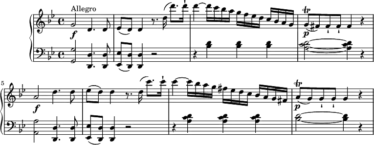 
\version "2.18.2"
\header {
  tagline = ##f
}
upper = \relative c' {
         \clef "treble" 
         \tempo "Allegro"
         \key bes \major
         \time 4/4 
         \tempo 4 = 130
     g'2 \f ^\markup {Allegro} d4.  d8
     ees (d) d4 r8. d'16 (d'8.) d16-!
     d4 ~ d16 c bes a g f ees d c bes a g
     g8\p \trill  (fis) fis-! fis-! fis4 r
      a2 \f  d4.  d8
     ees (d) d4 r8. d16 (c'8.) c16-!
     c4 ~ c16 bes a g fis ees d c bes a g fis
     a8\p \trill  (g) g-! g-! g4 r
      
}
lower =\relative c {      
         \clef "bass" 
         \key bes \major
         \time 4/4  
     < g g'>2   <d d'>4.  <d d'>8
     <ees ees'> (<d d'>) <d d'>4 r2
     r4 <bes'' d> <bes d> <bes d>
     <a  c d > 2 ~ <a  c d >4 r
     < a, a'>2   <d, d'>4.  <d d'>8
     <ees ees'> (<d d'>) <d d'>4 r2
     r4 <a'' c d> <a c d> <a c d>
      <bes d>2 ~ <bes d>4 r
  }     
\score {
  \new PianoStaff <<  
    \new Staff = "upper" \upper
    \new Staff = "lower" \lower
  >>
  \layout {
    \context {
      \Score
      \remove "Metronome_mark_engraver"
    }
  }
  \midi { }
}
