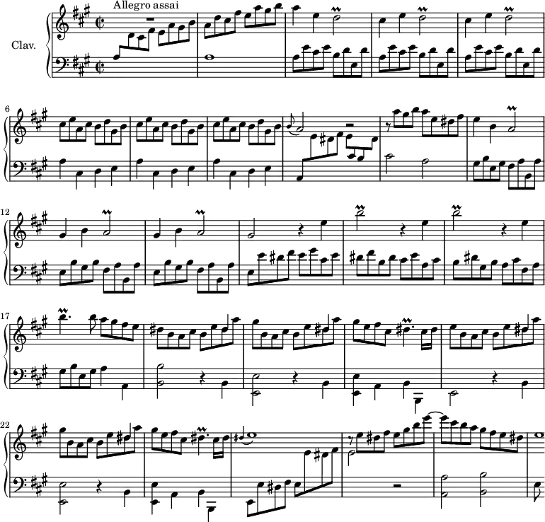 
\version "2.18.2"
\header {
  tagline = ##f
  % composer = "Domenico Scarlatti"
  % opus = "K. 533"
  % meter = "Allegro assai"
}

%% les petites notes
trillDb     = { \tag #'print { d2\prall } \tag #'midi { \times 2/3 { e16 d e } d8~ d4 } }
trillAb     = { \tag #'print { a2\prall } \tag #'midi { \times 2/3 { b16 a b } a8~ a4 } }
trillBbUp   = { \tag #'print { b'2\prall } \tag #'midi { \times 2/3 { cis16 b cis } b8~ b4 } }
trillBpUp   = { \tag #'print { b'4.\prall } \tag #'midi { \times 2/3 { cis16 b cis } b4 } }
trillDisp   = { \tag #'print { dis4.\prall } \tag #'midi { \times 2/3 { e16 dis e } dis4 } }

upper = \relative c'' {
  \clef treble 
  \key a \major
  \time 2/2
  \tempo 2 = 102
  \set Staff.midiInstrument = #"harpsichord"
  \override TupletBracket.bracket-visibility = ##f

      s8*0^\markup{Allegro assai}
      R1 | a8 d cis fis e a gis b | a4 e \trillDb | \repeat unfold 2 { cis4 e \trillDb }
      % ms. 6
      \repeat unfold 3 { cis8 e a, cis b d gis, b } | 
      % ms. 9
      \appoggiatura b8 a2 b2\rest | r8 a'8 gis b a e dis fis | e4 b \trillAb | \repeat unfold 2 { gis4 b \trillAb } |
      % ms. 14
      gis2  \repeat unfold 2 { r4 e'4 \trillBbUp } | r4 e,4 |
      % ms. 17
      \trillBpUp b8 a gis fis e |  << { s4 s2 dis4 } \\ { dis8 b a cis b e dis a' } >> << { s4 s2 dis,4 } \\ { gis8 b,8 a cis b e dis a' } >> gis8 e8 fis cis \trillDisp cis16 dis |
      % ms. 21
      << { \repeat unfold 2 { s4 s2 dis4 } } \\ { e8 b a cis b e dis a' gis b, a cis b e dis a' } >> gis8 e fis cis \trillDisp cis16 dis | \appoggiatura dis4 e1 |
      % ms. 25
      cis8\rest e8 dis fis e gis b e~ | e8 cis b a gis fis e dis | e1*1/8

}

lower = \relative c' {
  \clef bass
  \key a \major
  \time 2/2
  \set Staff.midiInstrument = #"harpsichord"
  \override TupletBracket.bracket-visibility = ##f

    % **************************************
      \stemUp a8 \stemDown \change Staff = "upper" d cis fis e a gis b \change Staff = "lower" | a,1 | \repeat unfold 3 { a8 e' cis e b d e, d' } |
      % ms. 6
      \repeat unfold 3 { a4 cis, d e } | 
      % ms. 9
      \stemUp a,8 \stemDown \change Staff = "upper" e'' dis fis e8 \stemUp \change Staff = "lower" cis b \stemDown \change Staff = "upper" dis | \stemNeutral \change Staff = "lower" cis2 a | gis8 b e, gis fis a b, a' | \repeat unfold 2 { e b' gis b  fis a b, a' } |
      % ms. 14
      e8 e' dis fis e gis cis, e | dis fis b, dis cis e a, cis | b dis gis, b a cis fis, a |
      % ms. 17
      gis8 b e, gis a4 a, | < b b' >2 r4 b4 | < e, e' >2 r4 b'4 | < e, e' >4 a b b, | 
      % ms. 21
      e2 r4 b'4 |  < e, e' >2 r4 b'4 | < e, e' >4 a b b, | e8 e' dis fis e \stemDown \change Staff = "upper" e' dis fis |
      % ms. 25
      e2 \change Staff = "lower"  r2 | < a,, a' >2 < b b' > | e8

}

thePianoStaff = \new PianoStaff <<
    \set PianoStaff.instrumentName = #"Clav."
    \new Staff = "upper" \upper
    \new Staff = "lower" \lower
  >>

\score {
  \keepWithTag #'print \thePianoStaff
  \layout {
      #(layout-set-staff-size 17)
    \context {
      \Score
     \override SpacingSpanner.common-shortest-duration = #(ly:make-moment 1/2)
      \remove "Metronome_mark_engraver"
    }
  }
}

\score {
  \keepWithTag #'midi \thePianoStaff
  \midi { }
}
