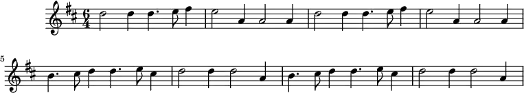 \version "2.18.2"
\header {
  tagline = ##f
}
\score {
  \new Staff \with {
  }
<<
  \relative c'' {
    \key d \major
    \time 6/4
    \tempo 2 = 96
    \override TupletBracket #'bracket-visibility = ##f 
     %%%%
     \repeat unfold 2 { d2 d4 d4. e8 fis4 e2 a,4 a2 a4 }
     \repeat unfold 2 { b4. cis8 d4 d4. e8 cis4 d2 d4 d2 a4 } 
  }
>>
  \layout {
     \context { \Score \remove "Metronome_mark_engraver" }
     \override SpacingSpanner.common-shortest-duration = #(ly:make-moment 1/2) 
  }
  \midi {}
}