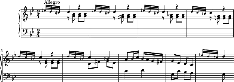
\version "2.18.2"
\header {
  tagline = ##f
  % composer = "João de Sousa Carvalho"
  % opus = ""
  % meter = "Allegro"
}

%% les petites notes
%trillBesp     = { \tag #'print { bes4.\prall } \tag #'midi { c32 bes c bes~ bes4 } }

upper = \relative c'' {
  \clef treble 
  \key g \minor
  \time 2/4
  \tempo 4 = 92
  \set Staff.midiInstrument = #"harpsichord"
  \override TupletBracket.bracket-visibility = ##f

      s8*0^\markup{Allegro}
      \stemUp \repeat unfold 3 { \grace {  \tempo 4 = 28 e32 d cis }   \tempo 4 = 92 \stemUp d4 r4 } 
      \repeat unfold 2 {  \grace { \tempo 4 = 28 d32 c b } \stemUp \tempo 4 = 92 c4 r4 } 
      \grace { \tempo 4 = 28 d32 c b } \stemUp \tempo 4 = 92 c4 bes
      % ms. 7
      a8 bes16 c bes a g fis | g8 ees d c | \grace { \tempo 4 = 28 e'32 d cis } \stemUp \tempo 4 = 92 d4
      % ms. x
      
      % ms. x
      
      % ms. x
      

}

lower = \relative c' {
  \clef bass
  \key g \minor
  \time 2/4
  \set Staff.midiInstrument = #"harpsichord"
  \override TupletBracket.bracket-visibility = ##f

    % ************************************** \appoggiatura a16  \repeat unfold 2 {  } \times 2/3 { }   \omit TupletNumber 
      \grace s16. \stemDown \change Staff = "upper"  r8 < g' bes >8 q q | r8 < fis a >8 q q | r8 < f aes >8 q q | r8 < e g >8 q q | r8 < ees g >8 q q | \grace s16. d8 fis g ees | \stemNeutral \change Staff = "lower"
      % ms. 7
      c4 d | g,8 c bes a | \grace s16.  g8
      % ms. x
      
      % ms. x
      
      % ms. x
      

}

thePianoStaff = \new PianoStaff <<
    \set PianoStaff.instrumentName = #"Clav."
    \new Staff = "upper" \upper
    \new Staff = "lower" \lower
  >>

\score {
  \keepWithTag #'print \thePianoStaff
  \layout {
      #(layout-set-staff-size 17)
    \context {
      \Score
     \override SpacingSpanner.common-shortest-duration = #(ly:make-moment 1/2)
      \remove "Metronome_mark_engraver"
    }
  }
}

\score {
  \keepWithTag #'midi \thePianoStaff
  \midi { }
}
