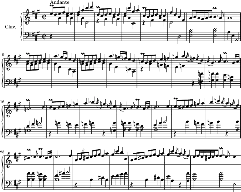 
\version "2.18.2"
\header {
  tagline = ##f
  % composer = "Domenico Scarlatti"
  % opus = "K. 279"
  % meter = "Allegro"
}

%% les petites notes
trillEq         = { \tag #'print { e8\prall } \tag #'midi { fis32 e fis e } }
trillDqDown     = { \tag #'print { d,8\prall } \tag #'midi { e32 d e d } }
trillCisqDown   = { \tag #'print { cis,8\prall } \tag #'midi { d32 cis d cis } }
trillCisq       = { \tag #'print { cis8\prall } \tag #'midi { d32 cis d cis } }
trillCq         = { \tag #'print { c8\prall } \tag #'midi { d32 c d c } }
trillBq         = { \tag #'print { b4.\prall } \tag #'midi { cis32 b cis b~ b4 } }
trillCp         = { \tag #'print { c4.\prall } \tag #'midi { d32 c d c~ c4 } }
trillCbp        = { \tag #'print { c2.\prall } \tag #'midi { d32 c d c~ c8~ c2 } }
trillDq         = { \tag #'print { d8\prall } \tag #'midi { e32 d e d } }
trillDp         = { \tag #'print { d4.\prall } \tag #'midi { e32 d e d~ d4 } }
trillDisp       = { \tag #'print { dis4.\prall } \tag #'midi { e32 dis e dis~ dis4 } }
trillEp         = { \tag #'print { e4.\prall } \tag #'midi { fis32 e fis e~ e4 } }
trillFisp       = { \tag #'print { fis4.\prall } \tag #'midi { gis32 fis gis fis~ fis4 } }

upper = \relative c'' {
  \clef treble 
  \key a \major
  \time 2/2
  \tempo 2 = 68
  \set Staff.midiInstrument = #"harpsichord"
  \override TupletBracket.bracket-visibility = ##f

      s8*0^\markup{Andante}
      \stemUp \trillEq d8 e fis e4 e | fis a cis d | \trillDqDown cis8 d e d4 d | e cis' gis a |
      % ms. 5
      \trillCisqDown b8 cis d cis4 cis | fis d b fis | a8 b16 a gis a b8 \trillBq a8 | a1 | \trillCisq b8 cis d e4 d |
      % ms. 10
      a'4. gis16 fis e4 d | \trillCq b8 c d e4 d | a'4. g16 f e4 d | \trillCq b8 c d e4 f |
      % ms. 14
      g4 a \acciaccatura g8 f4 \acciaccatura e8 d4 | \acciaccatura c8 b4. c8 \trillCp b16 c | \trillCbp d4 | \trillDq cis8 d e f4 g |
      % ms. 18
      a4 bes \acciaccatura a8 g4 \acciaccatura f8 e4 | \acciaccatura d8 cis4. d8 \trillDp cis16 d | d2. e4 | \trillEq dis8 e fis g4  a | b c \acciaccatura b8 a4 \acciaccatura g8 fis4 |
      % ms. 23
      \trillDisp e8 \trillEp dis16 e | e2. fis4 | \times 2/3 { b,8 cis dis }   \omit TupletNumber \times 2/3 { e8[ fis gis] }  fis4 a | gis  cis b cis, |
      % ms. 27
      \times 2/3 { b8 cis dis }   \omit TupletNumber \times 2/3 { e8[ fis gis] }  fis4 a | gis cis \acciaccatura b8 a4 \acciaccatura gis8 fis4 | e8 fis16 e dis e fis8 \trillFisp e8 | e4 s4


}

lower = \relative c' {
  \clef bass
  \key a \major
  \time 2/2
  \set Staff.midiInstrument = #"harpsichord"
  \override TupletBracket.bracket-visibility = ##f

    % ************************************** \appoggiatura a16  \repeat unfold 2 {  } \times 2/3 { }   \omit TupletNumber 
      r4 \stemDown \change Staff = "upper" a'4 cis a | d a d,2 | r4 gis b gis  | cis a cis,2
      % ms. 5
      r4 fis4 a fis | d2 \stemNeutral \change Staff = "lower" d,2 | < e a cis >2 < e b' d > a4 e a,2 | \stemDown \change Staff = "upper" a''8 gis a b cis4 b |
      % ms. 10
      a4 e cis a | a'8 gis a b c4 b | a e c a | r4 a'4 g f |
      % ms. 14
      e f \stemNeutral \change Staff = "lower" r4 < f, f' >4 < g f' > q < g e' > < g c > | << { d'4 fis g2 } \\ { g,1 } >> | r4 g'4 f e | 
      % ms. 18
      f4 g r4 < g, g' >4 < a g' > q < a f' > < a d > | << { e'4 gis a2 } \\ { a,1 } >> | r4 a'4 g fis | g a r4 < a, a' >4 |
      % ms. 23
      < b a' >4 q < b g' > < b e > | << { fis'4 ais b2 } \\ { b,1 } >> | r4 b4 dis b | e fis gis a |
      % ms. 27
      r4 b,4 dis b | e a, r4 < a a' >4 | < b gis' >2 < b fis' a > | e,2

}

thePianoStaff = \new PianoStaff <<
    \set PianoStaff.instrumentName = #"Clav."
    \new Staff = "upper" \upper
    \new Staff = "lower" \lower
  >>

\score {
  \keepWithTag #'print \thePianoStaff
  \layout {
      #(layout-set-staff-size 17)
    \context {
      \Score
     \override SpacingSpanner.common-shortest-duration = #(ly:make-moment 1/2)
      \remove "Metronome_mark_engraver"
    }
  }
}

\score {
  \keepWithTag #'midi \thePianoStaff
  \midi { }
}
