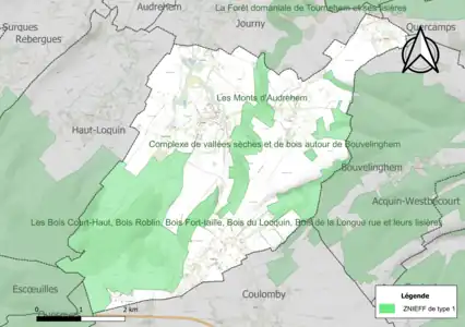 Carte des ZNIEFF de type 1 sur la commune.