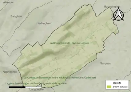 Carte des ZNIEFF de type 2 sur la commune.