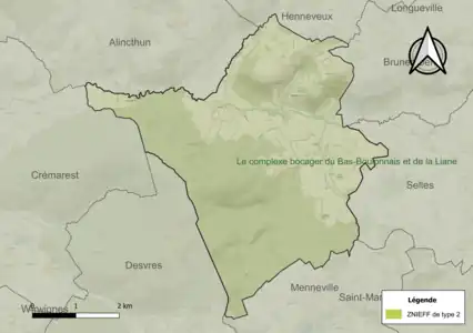 Carte de la ZNIEFF de type 2 sur la commune.