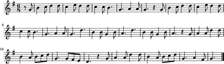 \relative c'' {
  \key g \major
  \numericTimeSignature
  \time 6/8
  \partial 4
  \dynamicUp
  r8 g
  b4 c8 d4 d8
  c4 e8 d4 d8
  c4 c8 b4.
  g a4 a8
  g4. r4 g8
  b4 c8 d4 d8
  c4 e8 d4 d8
  c4 c8 b4.
  g a4 a8
  g4. d'
  b4 b8 g4 b8
  a4. d
  b4 b8 g4 b8
  a4. r4 g8
  a4 a8 d4 d8
  b4 a8 b c d
  g,4. g8 fis e
  d4. r4 g8
  a4 a8 d4 d8
  b4 a8 b c d
  g,4. a4 fis8
  g4.\bar "|."
}