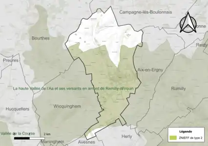 Carte de la ZNIEFF de type 2 sur la commune.