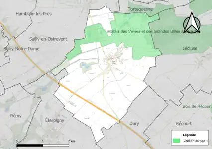 Carte de la ZNIEFF de type 1 sur la commune.