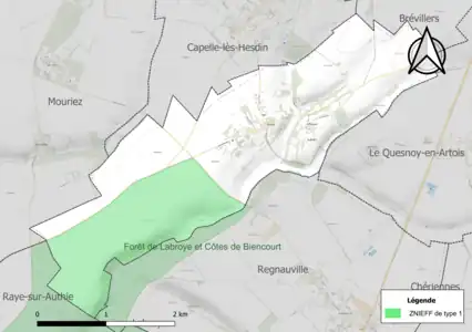 Carte de la ZNIEFF de type 1 sur la commune.