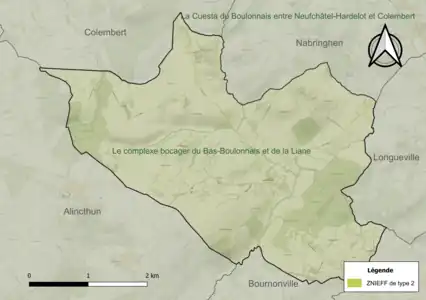 Carte de la ZNIEFF de type 2 sur la commune.