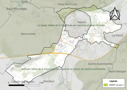 Carte de la ZNIEFF de type 2 sur la commune.