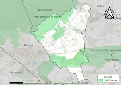 Carte des ZNIEFF de type 1 sur la commune.