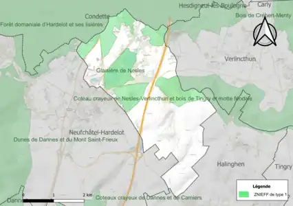 Carte des ZNIEFF de type 1 sur la commune.