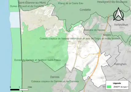 Carte des ZNIEFF de type 1 sur la commune.