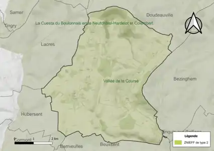 Carte de la ZNIEFF de type 2 sur la commune.