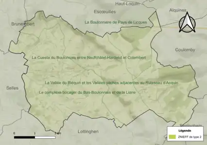 Carte des ZNIEFF de type 2 sur la commune.