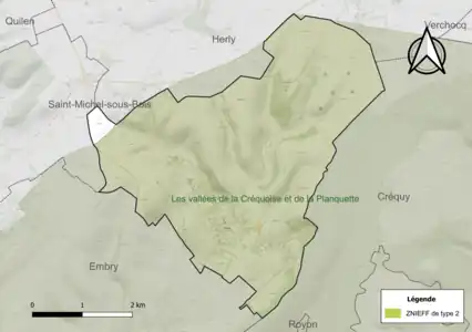 Carte de la ZNIEFF de type 2 sur la commune.