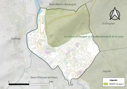Carte de la ZNIEFF de type 2 sur la commune.