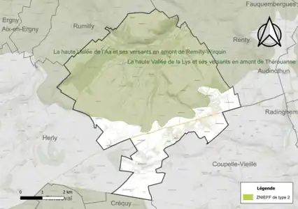 Carte de la ZNIEFF de type 2 sur la commune.