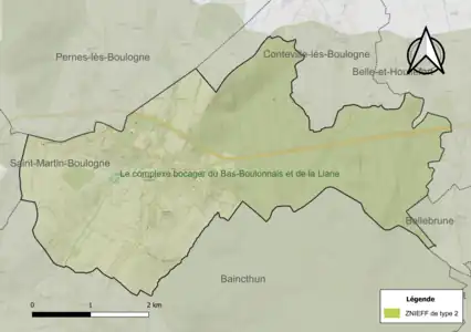 Carte de la ZNIEFF de type 2 sur la commune.