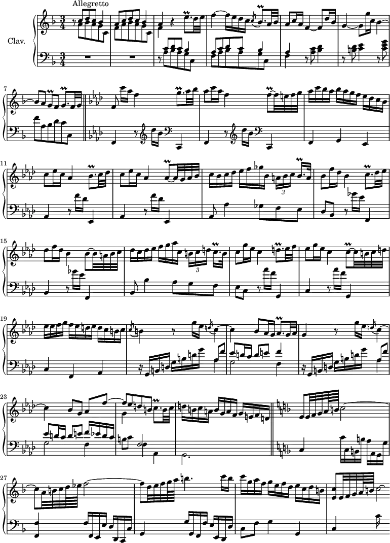 
\version "2.18.2"
\header {
  tagline = ##f
}

%% les petites notes
trillBesqp = { \tag #'print { bes8.\prall } \tag #'midi { c32 bes c bes~ bes16 } }
trillBesqpUp = { \tag #'print { e'8.\prall } \tag #'midi { f32 e f e~ e16 } }
trillGq = { \tag #'print { g8\prall } \tag #'midi { a32 g a g } }
trillGqp = { \tag #'print { g8.\prall } \tag #'midi { a32 g a g~ g16 } }
trillFq = { \tag #'print { f8\prall~ } \tag #'midi { g32 f g f~ } }
trillAesq = { \tag #'print { aes8\prall~ } \tag #'midi { bes32 aes bes aes~ } }
trillAesqp = { \tag #'print { aes8.\prall } \tag #'midi { bes32 aes bes aes~ aes16 } }
trillAesqqp = { \tag #'print { bes16.\prall } \tag #'midi { \times 2/3 { c32 bes c } bes } }
trillCesqqp = { \tag #'print { c16.\prall } \tag #'midi { \times 2/3 { d32 c d } c } }
trillDqp = { \tag #'print { d8.\prall } \tag #'midi { ees32 d ees d~ d16 } }
trillCq = { \tag #'print { c8\prall~ } \tag #'midi { d32 c d c~ } }
trillCqp = { \tag #'print { c8.\prall } \tag #'midi { d32 c d c~ c16 } }


upper = \relative c'' {
  \clef treble 
  \key f \major
  \time 3/4
  \tempo 4 = 78
  \set Staff.midiInstrument = #"harpsichord"
  \override TupletBracket.bracket-visibility = ##f

    s8*0^\markup{Allegretto}
    r8 << { c8 d c bes4 | a8 c d c bes4 | a } \\ { a8 bes a g c, | f a bes a g c, | f4 } >>  r4 \trillBesqpUp d32 e |
    % ms. 4
    f4~ f16 e d c \acciaccatura c8 \trillBesqp a32 bes | a8 c16 a f4~ f8 d'16 bes | g4~ g8 g'16 c, bes4~ | bes8 a \trillGq f8 \trillGqp f32 g  \bar "||" \key f \minor
    % ms. 8
    f8 c''16[ aes] f4 \trillGqp aes32 bes | aes8 c16 aes f4 \trillFq f32 e f g | aes16 c bes aes bes aes g f ees des c bes |
    % ms. 11
    c8 ees16 c aes4 \trillBesqp c32 des | c8 ees16 c aes4 \trillAesq aes32 g aes bes | c16 bes c des ees f ges bes, \times 2/3 { a16[ bes c] } \trillAesqqp a32 |
    % ms. 14
    bes8 f'16 des bes4 c8.\prall des32 ees | des8 f16 des bes4 bes8~ bes32 a bes c | des16 c des ees f g aes c, \times 2/3 { b16[  c d] } \trillCesqqp b32 |
    % ms. 17
    c8 g'16 ees c4  \trillDqp ees32 f | ees8 g16 ees c4 \trillCq c32 b c d | ees16 ees f g f ees d ees d c b c | 
    % ms. 20
    \acciaccatura c8 b4 r8 g'16 ees \acciaccatura d8 c4~ | c bes8 aes16 g \trillAesqp g32 aes | g4 r8 g'16 ees \acciaccatura d8 c4~ |
    % ms. 23
    c bes8 g << { aes8 f'~ | f[ ees d b] } \\ { s4 | g4 } >> \trillCqp b32 c | d16 b c a b g a f g e f d \bar "||" \key f \major
    % ms. 26
    e8 e32 f g a64 b c2~ | c8 a32 b c d64 ees f2~ | f8 d32 e f g64 a b4. c16 b
    % ms. 29
    c16 g a f g e f d e c d b | < e, c' >8 e32 f g a64 b c2*1/8~ \hideNotes c8 % j'aimerai tout mettre !

}

lower = \relative c' {
  \clef bass
  \key f \major
  \time 3/4
  \set Staff.midiInstrument = #"harpsichord"

    % **************************************
     R2.*2 | r8 << { c8 d c bes4 | a8 c d c bes4 | a } \\ { a8 bes a g c, | f a bes a g c, | f4 } >> r8 < a c >8 < bes d >4 r8 < b d >8 < c e >4 r8 < c e g >8 | f8 a, bes d c c, |  \key f \minor
    % ms. 8
    f,4 \repeat unfold 2 { r8   \clef treble  des'''16 bes    \clef bass c,,,4 | f } g ees |
    % ms. 11
    \repeat unfold 2 { aes4 r8 f''16 des ees,,4 } | aes8 aes'4 ges8 f ees |
    % ms. 14
    des8 bes r8    ges''16 ees f,,4 | bes r8  ges''16 ees f,,4 | bes8 bes'4 aes8 | g f |
    % ms. 17
    ees8 c \repeat unfold 2 { r8  aes''16 f g,,4 c } f, aes | 
    % ms. 20
    r16 g16 b d g b d g << { aes,8 f' | ees8 d16 c d8 e | f4 } \\ { aes,4 | g2 f4  } >> | r16 g,16 b d g b d g << { aes,8 f' | ees8 d16 c d8 e | f16 ees d c } \\ { aes4 | g2 f4  } >>
    % ms. 24
    b8 c << { f,2 } \\ { f4 aes, | g2. } >> \key f \major
    % ms. 26
    c4 c'16 c, b b' a a, g g' | < f, f' >4 f'16 f, e e' d d, c c' | g4 g'16 g, f f' e e, d d' |
    % ms. 29
    c8 f g4 g, | c c'16

}

thePianoStaff = \new PianoStaff <<
    \set PianoStaff.instrumentName = #"Clav."
    \new Staff = "upper" \upper
    \new Staff = "lower" \lower
  >>

\score {
  \keepWithTag #'print \thePianoStaff
  \layout {
      #(layout-set-staff-size 17)
    \context {
      \Score
     \override SpacingSpanner.common-shortest-duration = #(ly:make-moment 1/2)
      \remove "Metronome_mark_engraver"
    }
  }
}

\score {
  \keepWithTag #'midi \thePianoStaff
  \midi { }
}
