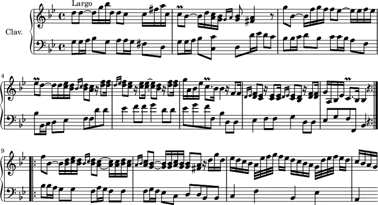 
\version "2.18.2"
\header {
  tagline = ##f
  % composer = "Domenico Scarlatti"
  % opus = "K. deest"
  % meter = "Largo"
}

%% les petites notes
trillCq         = { \tag #'print { c8\prall } \tag #'midi { d64 c d c~ c16 } }
trillEesq       = { \tag #'print { ees8\prall } \tag #'midi { f64 ees f ees~ ees16 } }
trillCqp        = { \tag #'print { c8.\prall } \tag #'midi { d64 c d c~ c8 } }

upper = \relative c'' {
  \clef treble 
  \key g \minor
  \time 4/4
  \tempo 4 = 44
  \set Staff.midiInstrument = #"harpsichord"
  \override TupletBracket.bracket-visibility = ##f

  \repeat volta 2 {
      s8*0^\markup{Largo}
      d8 d~ d16 g bes d, d8 c c16 fis a c, | \trillCq bes8~  bes16 d < a c > < g bes > \grace { g16 a } < g bes >8 < fis a >4 r8 |
      % ms. 3
      g'8 bes,~ bes16 f' g f f8 ees~ ees16 ees f ees | \trillEesq d8~ d16 d < c ees > < bes d > \grace { bes16 c } < bes d >8 < a c > r16 < d f >8 q16 | \grace { d16 ees } < d f >8 < c ees > r16 < c ees >8 q16~ q8 < bes d >8 r16 < d f >8 q16 |
      % ms. 6
      g16 a, bes ees \trillCqp bes16 bes4 r16 f8 f16 | \grace { d16 ees } < d f >8 < c ees > r16 < c ees >8 q16 \grace { d16 ees } < c ees >8 < bes d > r16 < d f >8 q16 | g16 a, bes ees \trillCqp bes16 bes4 r4 }%repet
      % ms. 9
      \bar ":..:" f''8 bes,~ bes16 < bes d > < c ees > < bes d > \grace { bes16 c } < bes d >8 < a c >8~ q16 q < bes d > < a c > | \grace { a16 bes } < a c >8 < g bes >~ q16 q < a c > < g bes > q8 < fis a > r16 d'16 g d | ees d c bes a32 ees' f g f16[ ees] d c bes a g32 d' ees f ees16[ d] |
      % ms. 12
      c16 bes a g
      % ms. 14
      

}

lower = \relative c' {
  \clef bass
  \key g \minor
  \time 4/4
  \set Staff.midiInstrument = #"harpsichord"
  \override TupletBracket.bracket-visibility = ##f

  \repeat volta 2 {
    % ************************************** \appoggiatura a16  \repeat unfold 2 {  } \times 2/3 { }   \omit TupletNumber 
      g8 g16 a bes8 g a a16 g fis8 d | g g16 a bes8 < c, c' > d d'16 ees d8 c |
      % ms. 3
      bes8 bes16 c d8 bes c c16 bes a8 f | bes bes,16 c d8 ees f f d' d | ees4 f8 f g4 d8 d | 
      % ms. 6
      ees g f f, bes4 d,8 d | ees4 f8 f g4 d8 d | ees g f f, bes4 r4 } %répet
      % ms. 9
      bes'8 bes16 a g8 g f a16 g f8 f | f g16 f ees8 c d d bes bes | c4 f bes, ees |
      % ms. 12
      a,4
      % ms. 14
      

}

thePianoStaff = \new PianoStaff <<
    \set PianoStaff.instrumentName = #"Clav."
    \new Staff = "upper" \upper
    \new Staff = "lower" \lower
  >>

\score {
  \keepWithTag #'print \thePianoStaff
  \layout {
      #(layout-set-staff-size 17)
    \context {
      \Score
     \override SpacingSpanner.common-shortest-duration = #(ly:make-moment 1/2)
      \remove "Metronome_mark_engraver"
    }
  }
}

\score {
  \keepWithTag #'midi \thePianoStaff
  \midi { }
}

