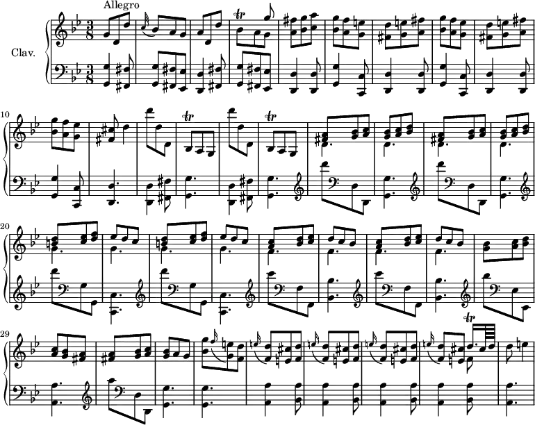 \version "2.18.2"
\header {
  tagline = ##f
}
%% les petites notes
trillBesqDown       = { \tag #'print { bes,8^\trill } \tag #'midi { c32 bes c bes } }
trillBesq           = { \tag #'print { bes8^\trill } \tag #'midi { c32 bes c bes } }
trillDqqUp          = { \tag #'print { d'16.\trill } \tag #'midi { \times 2/3 { ees32 d ees } d } }
upper = \relative c'' {
  \clef treble 
  \key g \minor
  \time 3/8
  \tempo 4. = 70
  \set Staff.midiInstrument = #"harpsichord"
      s8*0^\markup{Allegro}
      g8 d d' | \appoggiatura c32 bes8 a g | a d, d' |  << { s4 g8 } \\ { \trillBesqDown a8 g8 } >> | < a fis' >8 < bes g' > < c a' > | < bes g' > < a f' > < g e' > |
      % ms. 7
      \repeat unfold 2 { < fis d' >8 < g e' > < a fis' > | < bes g' > < a f' > < g ees' > } | < fis cis' >   \tempo 4. = 50 d'4  |   \tempo 4. = 70 \repeat unfold 2 { d'8 d, d, | \trillBesq a g } | 
      % ms. 16
      \repeat unfold 2 { << { < fis' a >8 < g bes > < a c > | < g bes > < a c > < bes d >  } \\ { d,4. | d } >> }
      % ms. 20
      \repeat unfold 2 { << { < b' d >8 < c ees > < d f > | ees d c } \\ { g4. | g } >> }
      % ms. 25
      \repeat unfold 2 { << { < a c >8 < bes d > < c ees > | d c bes  } \\ { f4. | f } >> }
      % ms. 28
      < g bes >8 < a c > < bes d > | < a c > < g bes > < fis a > | q < g bes > < a c > | < g bes > a g |
      % ms. 32
      < bes g' >8 \appoggiatura f'16 < g, e' >8 < f d' > | \repeat unfold 3 { \appoggiatura e'16 < f, d' >8 < e cis' > < f d' > } | \appoggiatura e'16 < f, d' >8 < e cis' >   \tempo 4. = 55 << { \trillDqqUp cis64 d } \\ { f,8 } >> |   \tempo 4. = 35 d'8 e4 |
}
lower = \relative c' {
  \clef bass
  \key g \minor
  \time 3/8
  \set Staff.midiInstrument = #"harpsichord"
    % **************************************
      < g, g' >4 \repeat unfold 2 { < fis fis' >8 | < g g' >8 < fis fis' > < ees ees' > | < d d' >4 } 
      \repeat unfold 2 { < d d' >8 | < g g' >4 < c, c' >8 |       < d d' >4 } 
      % ms. 7
       < d d' >8 | < g g' >4 < c, c' >8 | < d d' >4. 
      \stemDown \repeat unfold 2 { < d d' >4 < fis fis' >8 | < g g' >4. } |
      % ms. 16
       \repeat unfold 2 { \clef treble  d''''8    \clef bass d,,, d, | < g g' >4. } | 
      % ms. 20
      \repeat unfold 2 { \clef treble  d''''8     \clef bass g,,, g, | < c, c' >4. } |
      % ms. 24
      \repeat unfold 2 { \clef treble  c''''8     \clef bass f,,, f, | < bes bes' >4. } |
      % ms. 28
      \clef treble  bes'''8     \clef bass  ees,,, ees, | < a a' >4. |
      % ms. 30
      \clef treble  a'''8     \clef bass d,,, d, | < g g' >4. |
      % ms. 32
      < g g' >4. | \repeat unfold 4 { < a a' >4 < bes a' >8 } | < a a' >4.
}
thePianoStaff = \new PianoStaff <<
    \set PianoStaff.instrumentName = #"Clav."
    \new Staff = "upper" \upper
    \new Staff = "lower" \lower
  >>
\score {
  \keepWithTag #'print \thePianoStaff
  \layout {
      #(layout-set-staff-size 17)
    \context {
      \Score
     \override SpacingSpanner.common-shortest-duration = #(ly:make-moment 1/2)
      \remove "Metronome_mark_engraver"
    }
  }
}
\score {
  \keepWithTag #'midi \thePianoStaff
  \midi { }
}