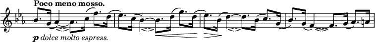 \relative c' \new Staff \with { \remove "Time_signature_engraver" } {
 \key es \major \time 4/4 \tempo "Poco meno mosso."
 bes'8. _\markup { \dynamic p \italic { dolce molto espress. } } g16( << aes4)~ { s8 s8_\espressivo } >> aes8. c16( f8.) d16( es8.) c16( << bes4)~ { s8 s8_\espressivo } >> bes8.\< d16( g8.) d16
 ( es8.)\> bes16\!( << d4)~ { s8 s8_\espressivo } >> d8. bes16( c8.) g16( bes8.) g16( << f4)~ { s8 s8_\espressivo } >> f8. g16( aes8.) a16
}