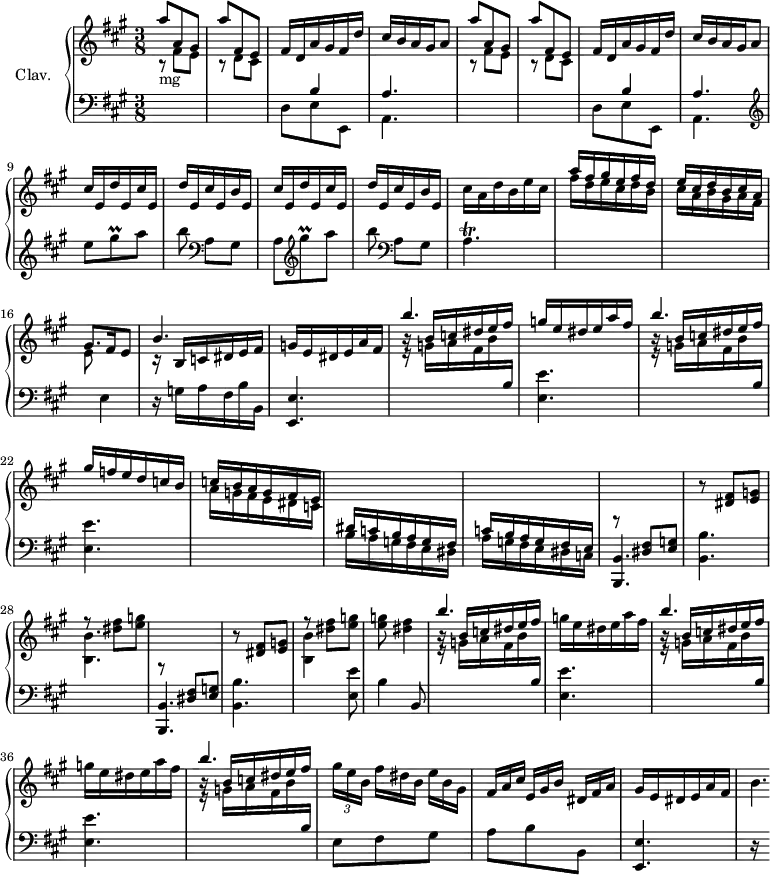 
\version "2.18.2"
\header {
  tagline = ##f
  % composer = "Domenico Scarlatti"
  % opus = "K. deest"
  % meter = "Allegro"
}

%% les petites notes
trillGisq     = { \tag #'print { gis8\prall } \tag #'midi { a32 gis a gis } }
trillGisqUp   = { \tag #'print { gis''8\prall } \tag #'midi { a32 gis a gis } }
trillAp       = { \tag #'print { a4.\trill } \tag #'midi { b32 a b a b a~ a16 a8 } }

upper = \relative c'' {
  \clef treble 
  \key a \major
  \time 3/8
  \tempo 4. = 66
  \set Staff.midiInstrument = #"harpsichord"
  \override TupletBracket.bracket-visibility = ##f

      %s8*0^\markup{Allegro}
      \repeat unfold 2 { \stemUp  a'8 a, gis | a' fis, e | \stemNeutral fis16 d a' gis fis d' | cis b a gis   \tempo 4. = 45 a8   \tempo 4. = 66 } | 
      % ms. 9
      \repeat unfold 2 { cis16 e, d' e, cis' e, | d' e, cis' e, b' e, } | cis'16 a d b e cis | \stemUp a'16 fis gis e fis d | % fis d e cis d b |
      % ms. 15
      e cis d b cis a | gis8. fis16 \tempo 4. = 45 e8 \tempo 4. = 66 | << { b'4. } \\ { r16 \stemUp b,16 c dis e fis } >> | g e dis e a fis | << { b'4. } \\ { r16 \stemUp b,16 c dis e fis } >> | g16 e dis e a fis |
      % ms. 21
      << { b4. } \\ { r16 \stemUp b,16 c dis e fis } >> | gis16 f e d c b | c b a g fis e | \change Staff = "lower" dis c b a g fis | c'16 b a g fis e |
      % ms. 26
      \repeat unfold 2 { \stemUp \change Staff = "lower" r8 < dis fis >8 < e g >  \stemNeutral  \change Staff = "upper" r8 < dis' fis >8 < e g > | fis'8\rest < dis fis >8 < e g >  } | q8 < dis fis >4 << { b'4. } \\ { r16 \stemUp b,16 c dis e fis } >> |
      % ms. 34
      \repeat unfold 2 { g16 e dis e a fis |  << { b4. } \\ { r16 \stemUp b,16 c dis e fis } >> } |
      % ms. 38
      \times 2/3 { gis16 e b }   \omit TupletNumber \times 2/3 { fis'16[ dis b] }  \times 2/3 { e16 b gis }  \times 2/3 { fis16 a cis } \times 2/3 { e,16[ gis b] }  \times 2/3 { dis,16 fis a } |
      % ms. 40
      gis16 e dis e a fis | b4.*1/4

}

lower = \relative c' {
  \clef bass
  \key a \major
  \time 3/8
  \set Staff.midiInstrument = #"harpsichord"
  \override TupletBracket.bracket-visibility = ##f

    % ************************************** \appoggiatura a16  \repeat unfold 2 {  } \times 2/3 { }   \omit TupletNumber 
      s8*0-\markup{mg} \repeat unfold 2 { \stemDown \change Staff = "upper" b8\rest fis'8 e | b8\rest d8 cis | \stemNeutral \change Staff = "lower" << { s8 b4 | a4. } \\ { d,8 e e, | a4. } >> }
      % ms. 9
       \clef treble  e'''8 \trillGisq  a8 | b  \clef bass  a,,8[ gis] | a  \clef treble \trillGisqUp  a8 | b   \clef bass  a,,8[ gis] | \trillAp | \stemDown \change Staff = "upper"  fis''16 d e cis d b  |
      % ms. 15
      cis16 a b gis a fis | e8 \stemNeutral \change Staff = "lower"  e,4 | r16 g16 a fis b b, | < e, e' >4. | \repeat unfold 2 { \stemDown \change Staff = "upper" r16 g''16 a fis b \stemUp \change Staff = "lower" b, | \stemNeutral < e, e' >4. }
      % ms. 23
      \stemDown \change Staff = "upper"  a'16 g fis e dis c  | \stemNeutral \change Staff = "lower" b16 a g fis e dis | a' g fis e dis c |
      % ms. 26
      < b, b' >4. | < b' b' > \stemDown \change Staff = "upper" | < b' b' > | \stemNeutral \change Staff = "lower"  < b,, b' >4. | < b' b' > \stemDown \change Staff = "upper" | < b' b' >4 \stemNeutral \change Staff = "lower" < e, e' >8 | b'4 b,8 | \repeat unfold 2 { \stemDown \change Staff = "upper" r16 g''16 a fis b \stemUp \change Staff = "lower" b, | \stemNeutral < e, e' >4. }
      % ms. 37
      \stemDown \change Staff = "upper" r16 g'16 a fis b \stemUp \change Staff = "lower" b, | \stemNeutral e,8 fis gis |
      % ms. 39
      a8 b b, | < e, e' >4. | r16 s32

}

thePianoStaff = \new PianoStaff <<
    \set PianoStaff.instrumentName = #"Clav."
    \new Staff = "upper" \upper
    \new Staff = "lower" \lower
  >>

\score {
  \keepWithTag #'print \thePianoStaff
  \layout {
      #(layout-set-staff-size 17)
    \context {
      \Score
     \override SpacingSpanner.common-shortest-duration = #(ly:make-moment 1/2)
      \remove "Metronome_mark_engraver"
    }
  }
}

\score {
  \keepWithTag #'midi \thePianoStaff
  \midi { }
}
