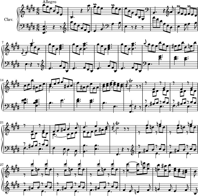 \version "2.18.2"
\header {
  tagline = ##f
  % composer = "Domenico Scarlatti"
  % opus = "K. 135"
  % meter = "Allegro"
}
%% les petites notes
trillGisq        = { \tag #'print { gis8\prall } \tag #'midi { a32 gis a gis } }
trillFisq        = { \tag #'print { fis8\prall } \tag #'midi { gis32 fis gis fis } }
trillCisb        = { \tag #'print { cis2\trill } \tag #'midi { dis32 cis dis cis dis cis~ cis16~ cis4 } }
upper = \relative c'' {
  \clef treble 
  \key e \major
  \time 6/8
  \tempo 4. = 96
  \set Staff.midiInstrument = #"harpsichord"
  \override TupletBracket.bracket-visibility = ##f
      s8*0^\markup{Allegro}
      b'8 gis e b gis e | b4. r4 a''8 | \trillGisq fis8 e \trillFisq e dis | e b gis e b gis |   \clef bass
      % ms. 5
      b,4. r4  \clef treble a''8 | \trillGisq fis8 e \trillFisq e dis | \appoggiatura dis8 e4. << { a'4. } \\ { fis8 dis b } >> |
      % ms. 8
      \repeat unfold 2 { gis'8 e b < b dis fis >4. | gis'8 e b < b fis' a >4. } | \appoggiatura a'8 gis8 fis e b' gis e | eis fis b dis, e b' | cis, dis b' | ais, cis e |
      % ms. 15
      << { dis8 e fis | gis bis, cis } \\ { b4. } >> | fis'8 ais,  b e gis, ais | < b dis >8 < cis e > < dis fis >~ q8 < cis e > < b dis > | \appoggiatura < b dis >8 \trillCisb r8 r8 |
      % ms. 19
      \repeat unfold 3 { << { r8 fis,4 r8 gis4 } \\ { s8 cis,8 dis s8 e dis } >> } | << { fis8 gis ais b4 cis8 | dis4. e4 dis8 } \\ { cis,4.~ cis8 dis e| fis e fis gis ais b } >> | \appoggiatura < b dis >8 \trillCisb r8 r8 |
      % ms. 25
      \repeat unfold 2 { << { s8 fis4 s8 g4 } \\ { r8 cis,8 d r8 e8 d } >> } | \repeat unfold 3 { << { s8 cis'4 s8 cis4 } \\ { r8 cis,8 d r8 e d } >> }
      % ms. 30
      r8 < cis cis' >4~ q8 < fis d' >8 < e cis' > | < d b' > < cis ais' > < b b' > < cis e > < b d > < ais cis > | b8
}
lower = \relative c' {
  \clef bass
  \key e \major
  \time 6/8
  \set Staff.midiInstrument = #"harpsichord"
  \override TupletBracket.bracket-visibility = ##f
    % ************************************** \appoggiatura a16  \repeat unfold 2 {  } \times 2/3 { }   \omit TupletNumber 
      < e,, b' e >4. r4 r8 |   \clef treble  a'''8 fis dis a fis dis | e4 gis8   \clef bass  a,4 b8 | e,4 r8 r4 r8 |
      % ms. 5
      a'8 fis dis a fis dis | e4 gis8 a4 b8 | e,4. r4 r8 |  \clef treble 
      % ms. 8
      \repeat unfold 2 { e'4. a8 fis b, | e4. fis8 dis b } |   \clef bass  e,4. < e' gis >4. | < dis fis > < cis e > | < b e fis > < fis b cis e > |
      % ms. 15
      b4. e | < dis fis > < cis e > | b e, | < fis, fis' >4. r4 r8 | 
      % ms. 19
      \repeat unfold 3 { << { r8 ais'8 b r8 cis8 b } \\ { fis4. e } >> } | << {} \\ { fis4 e8 dis4 cis8 } >> | < b b' >4. < e b' > | fis,4. r4 r8 |  \clef treble 
      % ms. 25
      \repeat unfold 5 { << { r8 ais''8 b r8 cis8 b } \\ { fis4. e } >> } |
      % ms. 30
      fis4 e8 d4 fis8 | g4 fis8 e4 fis8 | b,8
}
thePianoStaff = \new PianoStaff <<
    \set PianoStaff.instrumentName = #"Clav."
    \new Staff = "upper" \upper
    \new Staff = "lower" \lower
  >>
\score {
  \keepWithTag #'print \thePianoStaff
  \layout {
      #(layout-set-staff-size 17)
    \context {
      \Score
     \override SpacingSpanner.common-shortest-duration = #(ly:make-moment 1/2)
      \remove "Metronome_mark_engraver"
    }
  }
}
\score {
  \keepWithTag #'midi \thePianoStaff
  \midi { }
}