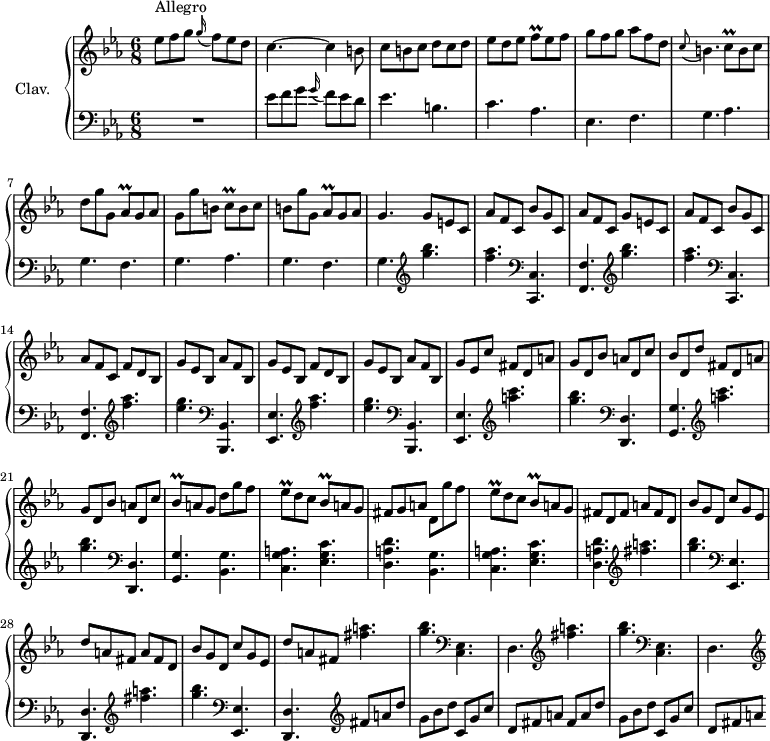 \version "2.18.2"
\header {
  tagline = ##f
  % composer = "Domenico Scarlatti"
  % opus = "K. 174"
  % meter = "Allegro"
}
%% les petites notes
trillFq       = { \tag #'print { f8\prall } \tag #'midi { \times 2/3 { f32 g f~ } f16 } }
trillCq       = { \tag #'print { c8\prall } \tag #'midi { \times 2/3 { c32 d c~ } c16 } }
trillAesq     = { \tag #'print { aes8\prall } \tag #'midi { \times 2/3 { aes32 bes aes~ } aes16 } }
trillEesq     = { \tag #'print { ees8\prall } \tag #'midi { \times 2/3 { ees32 e ees~ } ees16 } }
trillBesq     = { \tag #'print { bes8\prall } \tag #'midi { \times 2/3 { bes32 c bes~ } bes16 } }
upper = \relative c'' {
  \clef treble 
  \key c \minor
  \time 6/8
  \tempo 4. = 90
  \set Staff.midiInstrument = #"harpsichord"
  \override TupletBracket.bracket-visibility = ##f
      s8*0^\markup{Allegro}
      ees8 f g \appoggiatura g16 f8 ees d | c4.~ c4 b8 | c b c d c d | ees d ees \trillFq ees f | g f g aes f d |
      % ms. 6
      \appoggiatura c8 b4. \trillCq b8 c | d g g, \trillAesq g8 aes | g g' b, \trillCq b8 c  | b g' g,  \trillAesq g8 aes | g4. \repeat unfold 2 { g8 e c |
      % ms. 11
      aes'8 f c bes' g c, | aes'8 f c } f8 d bes | g' ees bes aes' f bes, |
      % ms. 16
      g'8 ees bes f' d bes | g' ees bes aes' f bes, | g' ees c' fis, d a' | g d bes' a d, c' | bes d, d' fis, d a' |
      % ms. 21
      g d bes' a d, c' | \trillBesq a8 g d' g f | \trillEesq d8 c \trillBesq a8 g | fis g a d, g'f | \trillEesq d8 c \trillBesq a8 g |
      % ms. 26
      fis8 d fis \repeat unfold 2 { a fis d | bes' g d c' g ees | d' a fis } \repeat unfold 2 { < fis' a >4. |
      % ms. 31
      < g bes > \clef bass  < c,,, ees >4. d4.  \clef treble  }
}
lower = \relative c' {
  \clef bass
  \key c \minor
  \time 6/8
  \set Staff.midiInstrument = #"harpsichord"
  \override TupletBracket.bracket-visibility = ##f
    % ************************************** \appoggiatura a16  \repeat unfold 2 {  } \times 2/3 { }   \omit TupletNumber 
      R2. | ees8 f g \appoggiatura g16 f8 ees d | ees4. b c aes ees f |
      % ms. 6
      \repeat unfold 2 { g4. aes g f } | g4.  \repeat unfold 2 { \clef treble  < g'' bes >4. 
      % ms. 11
      < f aes >4.    \clef bass  < c,,, c' >4. < f f' > } \repeat unfold 2 { \clef treble  < f''' aes >4. | < ees g >4.    \clef bass  < bes,,, bes' >4.
      % ms. 16
      < ees ees' >4. } \repeat unfold 2 { \clef treble  < a''' c >4. |
      % ms. 21
      < g bes >4.    \clef bass  < d,,, d' >4. < g g' >4. } \repeat unfold 2 { < bes g' >4. | < c g' a > < ees g c > |
      % ms. 26 suite
      < d a' d > } \repeat unfold 2 { \clef treble  < fis'' a >4. | < g bes >4.    \clef bass  < ees,,, ees' >4. < d d' >4. } \clef treble fis''8 a d
      % ms. 31
      g,8 bes d c, g' c | d, fis a fis a d | g, bes d c, g' c | d, fis a 
}
thePianoStaff = \new PianoStaff <<
    \set PianoStaff.instrumentName = #"Clav."
    \new Staff = "upper" \upper
    \new Staff = "lower" \lower
  >>
\score {
  \keepWithTag #'print \thePianoStaff
  \layout {
      #(layout-set-staff-size 17)
    \context {
      \Score
     \override SpacingSpanner.common-shortest-duration = #(ly:make-moment 1/2)
      \remove "Metronome_mark_engraver"
    }
  }
}
\score {
  \keepWithTag #'midi \thePianoStaff
  \midi { }
}