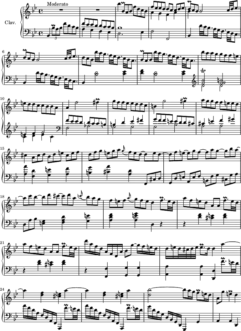 \version "2.18.2"
\header {
  tagline = ##f
  % composer = "Domenico Scarlatti"
  % opus = "K. 439"
  % meter = "Allegro"
}
%% les petites notes
trillBesqUp      = { \tag #'print { bes'8\prall } \tag #'midi { c32 bes c bes } }
trillBesqDown    = { \tag #'print { bes,8\prall } \tag #'midi { c32 bes c bes } }
trillBesq        = { \tag #'print { bes8\prall } \tag #'midi { c32 bes c bes } }
trillDq          = { \tag #'print { d8\prall } \tag #'midi { ees32 d ees d } }
trillFBesb       = { \tag #'print { < f bes >2\trill } \tag #'midi { << { c32 bes c bes~ bes8~ bes4 } \\ { f2 } >> } }
trillFis         = { \tag #'print { fis4\prall } \tag #'midi { g32 fis g fis~ fis8 } }
trillGis         = { \tag #'print { gis4\prall } \tag #'midi { a32 gis a gis~ gis8 } }
trillFqp         = { \tag #'print { f8.\prall } \tag #'midi { g32 f g f~ f16 } }
trillFqpUp       = { \tag #'print { f'8.\prall } \tag #'midi { g32 f g f~ f16 } }
trillFqpUpUp     = { \tag #'print { f''8.\prall } \tag #'midi { g32 f g f~ f16 } }
trillFqpUpUpUp   = { \tag #'print { f'''8.\prall } \tag #'midi { g32 f g f~ f16 } }
trillEqp         = { \tag #'print { e8.\prall } \tag #'midi { f32 e f e~ e16 } }
trillFq          = { \tag #'print { f8\prall } \tag #'midi { g32 f g f } }
trillE           = { \tag #'print { e4\prall } \tag #'midi { f32 e f e~ e8 } }
upper = \relative c'' {
  \clef treble 
  \key bes \major
  \time 4/4
  \tempo 4 = 82
  \set Staff.midiInstrument = #"harpsichord"
  \override TupletBracket.bracket-visibility = ##f
      s8*0^\markup{Moderato}
      R1*2 | bes'4 \omit TupletNumber \times 2/3 { \trillBesqDown a8 bes } f'8 d c bes | << { f'8 ees ees d d c \omit TupletNumber \times 2/3 { c8 d ees } } \\ { a,4 g f a } >>
      % ms. 5
      << { \repeat unfold 2 { \times 2/3 { \trillDq c8 bes } bes2 c32 d ees8. } } \\ { bes4 } >> | \times 2/3 { d8 c bes } bes'32 a g8. f32 ees d8. c32 bes a8.
      % ms. 8
      \times 2/3 { \trillBesq a8 bes } bes'32 a g8. f32 ees d8. c32 bes a8. | bes'8 a a g g f f e | e d d c c bes bes a |
      % ms. 11
      a4 f'2 \trillFis | g8 f f ees ees d d c | b4 g'2 \trillGis  | a8 g g f f e e d |
      % ms. 15
      cis4 \times 2/3 { a8 cis d } \times 2/3 { bes8 d e } \times 2/3 { cis8 e f } | \times 2/3 { d8 f g } \times 2/3 { e8 g a } \appoggiatura g16 \times 2/3 { f8 e d~ } \times 2/3 { d8 e d~ } | \times 2/3 { d8 f e~ } \times 2/3 { e8 g f~ } \times 2/3 { f8 a g~ }  \times 2/3 { g8 bes a~ } 
      % ms. 18
      \times 2/3 { a8 c bes~ }  \times 2/3 { bes8 d cis~ } \times 2/3 { cis8 d a } \appoggiatura c16 \times 2/3 { bes8 a g } | \times 2/3 { f8 e f } \appoggiatura a16 \times 2/3 { g8 f e } d4 \trillFqp e32 d | a'8 f e d a a \trillFqpUp e32 d |
      % ms. 21
      a'8 f e d a a \trillFqpUp e32 d | d'16 a f d a f d a' bes8 g'~ g16 f e d | d e d32 cis d e \trillEqp d16 d4 a'~ |
      % ms. 24
      \repeat unfold 2 { a4 < d, f >4 < cis e > a'4~ } < d, bes' >2~ bes'8 a16 g \trillFq e16 d 
      % ms. 27
      a8 g' \trillE d4
}
lower = \relative c' {
  \clef bass
  \key bes \major
  \time 4/4
  \set Staff.midiInstrument = #"harpsichord"
  \override TupletBracket.bracket-visibility = ##f
    % ************************************** \appoggiatura a16  \repeat unfold 2 {  } \omit TupletNumber \times 2/3 { } 
      bes,4 \times 2/3 { \trillBesqUp a8 bes } f'8 d c bes | << { f'8 ees ees d d c c bes | bes1 } \\ { a4 g f ees | d2. ees4 } >> | f2 f, |
      % ms. 5
      \repeat unfold 2 { bes4 d'32 c bes8. a32 g f8. ees32 d c8. } | bes4 < bes' d >2 < c ees >4
      % ms. 8
      < d f >4 < bes d >2 < c ees >4  |  \clef treble  << { \trillFBesb < f' g b >2 | e4 f g2  } \\ { d2 d | c4 d e c } >> |   \clef bass
      % ms. 11
      << { f8 ees ees d d c c b | b4 d ees fis | g8 f f e e d d cis | cis4 e f gis } \\ { f,2 aes | g g g bes | a a } >>
      % ms. 15
      < a a' >4 < f d' > < g e' > < a f' > | < b g' > < cis a' > < d a >  | \omit TupletNumber \times 2/3 { f,,8 cis' d } | \times 2/3 { g,8 d' e } \times 2/3 { a,8 e' f } \times 2/3 { b,8 f' g } \times 2/3 { cis,8 g' a }
      % ms. 18
      \times 2/3 { d,8 a' bes } < e, g >4 < f a d > < g e' > | < a d f > < a e' g > d,4 r4 | \repeat unfold 2 { r4 < d' f >4 < cis e > < d f > }
      % ms. 22
      r4 < f,, f' >4  < g g' > q | < a a' > q < d, d' > \trillFqpUpUp \repeat unfold 2 { e32 d | 
      % ms. 24
      a'16 f d a f d a f a,4  | \trillFqpUpUpUp } e32 d  | g16 d bes g d bes g d g,4 g' |
      % ms. 27
      a4 a d, 
}
thePianoStaff = \new PianoStaff <<
    \set PianoStaff.instrumentName = #"Clav."
    \new Staff = "upper" \upper
    \new Staff = "lower" \lower
  >>
\score {
  \keepWithTag #'print \thePianoStaff
  \layout {
      #(layout-set-staff-size 17)
    \context {
      \Score
     \override SpacingSpanner.common-shortest-duration = #(ly:make-moment 1/2)
      \remove "Metronome_mark_engraver"
    }
  }
}
\score {
  \keepWithTag #'midi \thePianoStaff
  \midi { }
}