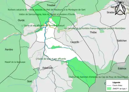 Carte des ZNIEFF de type 1 sur la commune.