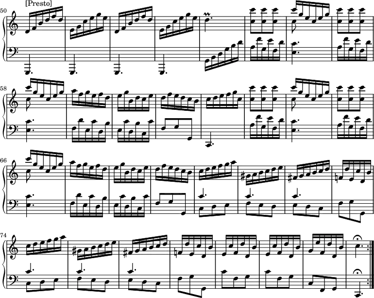 
\version "2.18.2"
\header {
  tagline = ##f
}

% petites notes
prallD = { \tag #'print { d4.\prall } \tag #'midi { g32 f g f~ f4 } }


upper = \relative c' {
  \clef treble 
  \key c \major
  \time 3/8
  \tempo 4. = 84
  \omit Staff.TimeSignature
  \set Score.currentBarNumber = #50
  \set Staff.midiInstrument = #"harpsichord"

    \bar ""
  s8*0^"[Presto]" 
  \repeat unfold 2 { d16 f b d f d | e, g c e g e } | \prallD | \repeat unfold 2 { < c c' >8 q q | << { c'16 g e c e g } \\ { c,8 } >> }
  % ms. 59
   a'16 f g e f d | e g b, d c e | d f e d c b | c d e f g c, | \repeat unfold 2 { < c c' >8 q q | << { c'16 g e c e g } \\ { c,8 } >> }
  % ms. 67
   a'16 f g e f d | e g b, d c e | d f e d c b | c d e f g a | gis, a b c d e | fis, g a b c d | f,! d' e, c' d, b' | 
  % ms. 74
   c16 d e f g a | gis, a b c d e | fis, g a b c d | f,! d' e, c' d, b' | \repeat unfold 2 { e, c' f, d' d, b' } | g e' f, d' d, b' | \tempo 4. = 50 c4.\fermata \bar ":|." 

}

lower = \relative c {
  \clef bass
  \key c \major
  \time 3/8
  \omit Staff.TimeSignature
  \set Staff.midiInstrument = #"harpsichord"

    % **************************************
    g,4. g g g | g'16 b d g b d | \repeat unfold 2 { a16 f' g, e' f, d' | < e, c' >4. }
    f16 d' e, c' d, b' | e, c' d, b' c, c' | f,8 g g, | c,4. | \relative c' \repeat unfold 2 { a16 f' g, e' f, d' | < e, c' >4. }
    % ms. 67
    f'16 d' e, c' d, b' | e, c' d, b' c, c' | f,8 g g, | \repeat unfold 2 { << { c'4. c c s4. } \\ { c,8 d e | f e d | e d c | f g g, } >> } |
    % ms. 78
    \repeat unfold 2 { c'8 f, g } c, f, g c,4.\fermata

}

thePianoStaff = \new PianoStaff <<
    \set PianoStaff.instrumentName = #""
    \new Staff = "upper" \upper
    \new Staff = "lower" \lower
  >>

\score {
  \keepWithTag #'print \thePianoStaff
  \layout {
      indent = #0
      #(layout-set-staff-size 17)
    \context {
      \Score
     \override SpacingSpanner.common-shortest-duration = #(ly:make-moment 1/2)
      \remove "Metronome_mark_engraver"
    }
  }
}

\score {
  \keepWithTag #'midi \thePianoStaff
  \midi { }
}
