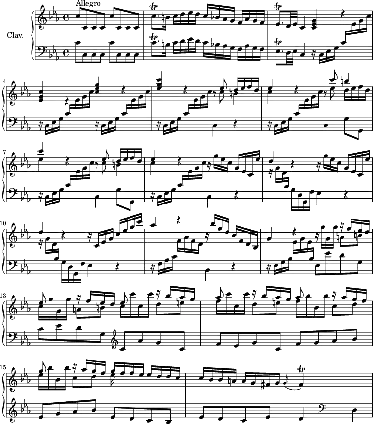 \version "2.18.2"
\header {
  tagline = ##f
  % composer = "Domenico Scarlatti"
  % opus = "K. 37"
  % meter = "Allegro"
}
%% les petites notes
trillCqpUp       = { \tag #'print { c'8.\trill } \tag #'midi { d32 c d c~ c16 } }
trillEesqp       = { \tag #'print { ees8.\trill } \tag #'midi { f32 ees f ees~ ees16 } }
trillFis         = { \tag #'print { fis4\trill } \tag #'midi { g32 fis g fis~ fis8 } }
upper = \relative c'' {
  \clef treble 
  \key c \minor
  \time 4/4
  \tempo 4 = 100
  \set Staff.midiInstrument = #"harpsichord"
  \override TupletBracket.bracket-visibility = ##f
      s8*0^\markup{Allegro}
      \repeat unfold 2 { c8 c, c c } | \trillCqpUp b16 c d ees d c bes aes g f aes g f | \trillEesqp d32 ees c4 < c ees g >4 d'4\rest
      % ms. 4
      < ees, g c >4 d4\rest \stemUp < c' ees g >4 d4\rest | < ees g c >4 d4\rest r8 << { ees8 d16 ees f d | ees4 } \\ { c8 b4 | c } >> d4\rest r8 << { c'8 b4 | c } \\ { ees,8 d16 ees f d | ees4 } >>
      % ms. 7 suite
      d4\rest r8 << { ees8 d16 ees f d | ees4 } \\ { c8 b4 | c } >> d4\rest \repeat unfold 2 { \stemNeutral r16 g16 ees c g ees c ees' |
      % ms. 10
      \stemUp d4 r4 } r16 c,16  ees g c ees g c | aes4 d4\rest r16 bes16 f d bes f d bes | 
      % ms. 12
      g'4  d'4\rest r16  
      << { s8. r16 f16 ees d | ees8   s8 r16 f16 ees d | ees8  s8 r16 bes'16 aes g |
         % ms. 14 haut
      aes8 s8 r16 bes16 aes g | aes8 s8 r16 aes16 g f g8 s8 r16 aes16 g f g f f ees }
      \\ { g16 g, g' a,8 b | c16   g' g, g' a,8 b | c16 c' c, c' d,8 e |
         % ms. 14 bas
      f16 c' c, c' d,8 e f16 bes bes, bes' c,8 d | ees16 bes' bes, bes' c,8 d ees16 } >> ees16 d d c |
      % ms. 16
      c16 bes bes a a g fis g \appoggiatura g16 \trillFis
}
lower = \relative c' {
  \clef bass
  \key c \minor
  \time 4/4
  \set Staff.midiInstrument = #"harpsichord"
  \override TupletBracket.bracket-visibility = ##f
    % ************************************** \appoggiatura a8  \repeat unfold 2 {  } \times 2/3 { }   \omit TupletNumber 
      \repeat unfold 2 { c8 c, c c } | \trillCqpUp b16 c d ees d c bes aes g f aes g f | \trillEesqp d32 ees c4 \repeat unfold 4 { r16 c16 ees g \stemUp c \stemDown \change Staff = "upper"  ees g c \change Staff = "lower" } c,,4 r4
      % ms. 6
      \repeat unfold 2 { r16 c16 ees g \stemUp c \stemDown \change Staff = "upper"  ees g c \change Staff = "lower"  c,,4 g'8 g, }
      % ms. 8
      r16 c16 ees g \stemUp c \stemDown \change Staff = "upper"  ees g c \change Staff = "lower"  c,,4 r4 | 
      \repeat unfold 2 { \stemDown \change Staff = "upper" r16 g''16 d \stemUp \change Staff = "lower" bes \stemDown g d g, f' ees4 r4 } |
      % ms. 11
      r16 f16 aes c \stemDown \change Staff = "upper" f aes f d  \change Staff = "lower"   bes,4 r4 |
      % ms. 12
      r16 ees16 g bes \stemDown \change Staff = "upper"  ees g ees \stemUp \change Staff = "lower"  bes  \stemNeutral ees,8 ees' d g, | c ees d g,    \clef treble  c aes' g c, |
      % ms. 14
      f8 ees g c, f g aes bes | ees, g aes bes ees, d c bes | ees d c ees d4    \clef bass d,
}
thePianoStaff = \new PianoStaff <<
    \set PianoStaff.instrumentName = #"Clav."
    \new Staff = "upper" \upper
    \new Staff = "lower" \lower
  >>
\score {
  \keepWithTag #'print \thePianoStaff
  \layout {
      #(layout-set-staff-size 17)
    \context {
      \Score
     \override SpacingSpanner.common-shortest-duration = #(ly:make-moment 1/2)
      \remove "Metronome_mark_engraver"
    }
  }
}
\score {
  \keepWithTag #'midi \thePianoStaff
  \midi { }
}