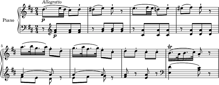 
\version "2.18.2"
\header {
  tagline = ##f
}

upper = \relative c' {
  \clef treble 
  \key d \major
  \time 2/4
  \tempo "Allegretto" 4 = 90
    d'8.\p ^\markup{ \italic {Allegretto} } (e32 d cis8) d-!
    dis (e) e-! r
    e8. (fis32 e d!8) e-!
    eis (fis) fis-! r
    a16. (b32 g16. a32) fis8-. d-.
    g16. (a32 fis16. g32) e8-. cis-.
    d-. d-. cis-. cis-.
    b16. \trill (a32 b16. cis32) a8-. r
}

lower = \relative c {
  \clef bass
  \key d \major
  \time 2/4
  r8 \clef treble <fis' a>8\p [<fis a> <fis a>]
  r <g b> [<g b> <g b>]
  r <cis, a'> [<cis a'> <cis a'>]
  r <d a'> [<d a'> <d a'>]
  <<{\stemDown fis8 e d s e fis g s} \\ {\stemUp a4 ^ (a8) r a4 ^(a8) r}>>
  <fis a>8 r <e a> r \clef bass
  <e, d'>4 (<a cis>8) r
} 

\score {
  \new PianoStaff <<
    \set PianoStaff.instrumentName = #"Piano"
    \new Staff = "upper" \upper
    \new Staff = "lower" \lower
  >>
  \layout {
    \context {
      \Score
      \remove "Metronome_mark_engraver"
    }
  }
  \midi { }
}
