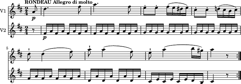 << \new Staff \with { instrumentName = #"V1 "}
    \relative c'' {
    \version "2.18.2"
    \key d \major 
    \tempo "RONDEAU Allegro di molto"
    \time 2/4
    \tempo 4 = 140
  \partial 8 a8\p  d4. fis8 a4. fis8
  e-. e-. fis16 (e dis e)
  cis8-. cis-. d!16 (cis b cis)
  d8-! d4 (fis8)
  a8-! a4 (fis8)
  e-! a4 (b16 gis) a4 r8 \bar ":|."
}
\new Staff \with { instrumentName = #"V2 "} \relative c' {
    \key d \major 
    \partial 8 r8
    \set Staff.midiMinimumVolume = #0.2 \set Staff.midiMaximumVolume = #0.5
    fis16\p a  \repeat unfold 7 {fis16 a}  \repeat unfold 8 {g16 a}
    \repeat unfold 4 {fis16 a} \repeat unfold 4 {d,16 a'}
    cis, e cis e cis e d b cis4 r8 \bar ":|."
 }
>>