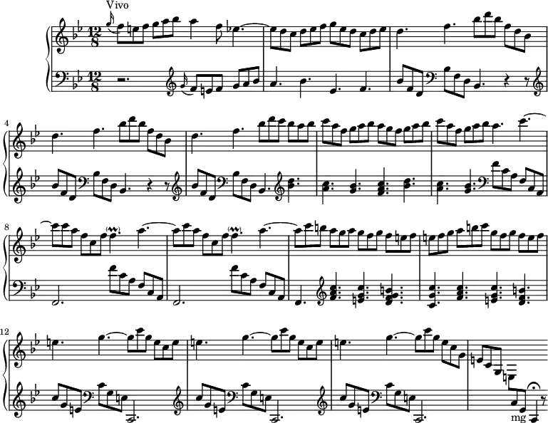 \version "2.18.2"
\header {
  tagline = ##f
}
%% les petites notes
trillFp     = { \tag #'print { f4.-\parenthesize\prall } \tag #'midi { g32 f g f g f~ f16~ f8 } }
upper = \relative c'' {
  \clef treble 
  \key bes \major
  \time 12/8
  \tempo 4. = 112
  \set Staff.midiInstrument = #"harpsichord"
      s8*0^\markup{Vivo} %  \times 2/3 { }
      \appoggiatura g'16 f8 e f g a bes a4 f8 ees4.~ | ees8 d c d ees f g ees d c d ees |
      % ms. 3
      \repeat unfold 2 { d4. f | bes8 d bes f d bes } | d4. f bes8 d c bes a bes |
      % ms. 6
      c8 a f  g a bes  a g f  g a bes | c8 a f  g a bes  a4. c~ | c8 c a f c f \trillFp a4.~ |
      % ms. 9
      a8 c a f c f \trillFp a4.~ | a8 c b  a g a  g f g  f e f | e f g  a b c  g f g  f e f |
      % ms. 12
      \repeat unfold 2 { e4. g~ g8 c g  e c e } e4. g4.~  g8 c g  e c g 
      % ms. 15
      e8 c g s2.
}
lower = \relative c' {
  \clef bass
  \key bes \major
  \time 12/8
  \set Staff.midiInstrument = #"harpsichord"
    % **************************************
     \grace s16 r2.   \clef treble \appoggiatura g'16 f8 e f g a bes | a4. bes ees, f |
     % ms. 3
     \repeat unfold 2 { \clef treble bes8 f d   \clef bass bes8 f d  bes4. r4 r8 } | \clef treble bes''8 f d   \clef bass bes8 f d  bes4. \clef treble < bes'' d >4. |
     % ms. 6
     < a c >4. < g bes > < f a c > < bes d > | < a c >4. < g bes > \repeat unfold 2 { \clef bass f8 c a f c a | f2. } |
     % ms. 9 suite
     f''8 c a f c a | f4. \clef treble < f'' a c >4. < e g c > < d f g b > | < c g' c > < f a c >4. < e g c > < d f b > |
     % ms. 12
     \repeat unfold 3 { \clef treble c'8 g e  \clef bass c g e | c,2. }
     % ms. 15
      s4. \stemDown \change Staff = "upper" e'8 \stemUp \change Staff = "lower" c8-\markup{mg} g c,4\fermata r8 
}
thePianoStaff = \new PianoStaff <<
    \set PianoStaff.instrumentName = #"Clav."
    \new Staff = "upper" \upper
    \new Staff = "lower" \lower
  >>
\score {
  \keepWithTag #'print \thePianoStaff
  \layout {
      #(layout-set-staff-size 17)
    \context {
      \Score
     \override SpacingSpanner.common-shortest-duration = #(ly:make-moment 1/3)
      \remove "Metronome_mark_engraver"
    }
  }
}
\score {
  \keepWithTag #'midi \thePianoStaff
  \midi { }
}