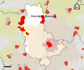 Localisation de l'aire d'attraction de Belleville-en-Beaujolais dans la circonscription départementale du Rhône.
