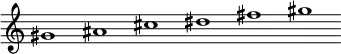 \relative c''  {\override Score.BarLine.stencil = ##f \override Score.TimeSignature.stencil = ##f gis1 ais cis dis fis gis }