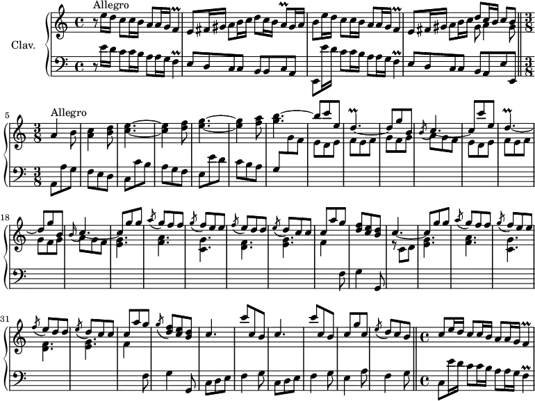 \version "2.18.2"
\header {
  tagline = ##f
  % composer = "Domenico Scarlatti"
  % opus = "K. 265"
  % meter = "Allegro"
}
%% les petites notes
trillF       = { \tag #'print { f4\prall } \tag #'midi { g32 f g f~ f8 } }
trillA       = { \tag #'print { a8\prall } \tag #'midi { b32 a b a } }
trillDp      = { \tag #'print { d4.\prall~ } \tag #'midi { e32 d e d~ d4~ } }
upper = \relative c'' {
  \clef treble 
  \key a \minor
  \time 4/4
  \tempo 4 = 88
  \set Staff.midiInstrument = #"harpsichord"
  \override TupletBracket.bracket-visibility = ##f
      s8*0^\markup{Allegro}
      r8 e16 d c8 c16 b a8 a16 g \trillF | e8 fis16 gis a8 b16 c d8 c16 b \trillA gis16 a | b8 e16 d c8 c16 b a8 a16 g \trillF |
      % ms. 4
      e8 fis16 gis a8 b16 c << { d8 c16 b c8 b } \\ { gis8  a4 gis8 } >> \bar "||"   \time 3/8 
      % ms. 5
      a4^\markup{Allegro} b8 | < a c >4 < b d >8 | < c e >4.~ | q4 < d f >8 | < e g >4.~
      % ms. 10
      q4 < f a >8 | < g b >4.~ | \stemUp b8 c e, | \trillDp | d8 g b, | \acciaccatura b8 c4.~ c8 c' e, | \trillDp | 
      % ms. 18
      d8 g b, | \appoggiatura b16 c4.~ | c8 g' g | \acciaccatura a8 g8 f f | \acciaccatura g8 f e e | \acciaccatura f8 e8 d d | \acciaccatura e8 d8 c c | 
      % ms. 25
      c8 a' g | < d f >8 < c e > < b d > | c4.~ | c8 g' g | \acciaccatura a8 g8 f f | \acciaccatura g8 f e e | \acciaccatura f8 e8 d d |
      % ms. 32
      \acciaccatura e8 d8 c c |  c8 a' g | \acciaccatura g8 < d f >8 < c e > < b d > | c4. | c'8 c, b | c4. | c'8 c, b |
      % ms. 39
      c8 g' c, | \acciaccatura e8 d8  \tempo 4. = 76 c  \tempo 4 = 64 b   \tempo 4 = 88 | c8 e16 d c8 c16 b a8 a16 g \trillF |
}
lower = \relative c' {
  \clef bass
  \key a \minor
  \time 4/4
  \set Staff.midiInstrument = #"harpsichord"
  \override TupletBracket.bracket-visibility = ##f
    % ************************************** \appoggiatura a16  \repeat unfold 2 {  } \times 2/3 { }   \omit TupletNumber 
      r8 e16 d c8 c16 b a8 a16 g \trillF | e8 d c c b b c a | e e''16 d c8 c16 b a8 a16 g \trillF |
      % ms. 4
      e8 d c c b a \tempo 4 = 76 e'   \tempo 4 = 64 e, | \tempo 4. = 90 \time 3/8  a8 a' g | f e d | c c' b | a g f | e e' d |
      % ms. 10
      c8 b a | g \stemDown \change Staff = "upper" g' f | \repeat unfold 2 { e d e | f e f | g f g | a g f } | 
      % ms. 20
      < e g >4. < f a > < c g' > < d f > < e g >
      % ms. 25
      f4 \stemNeutral \change Staff = "lower" f,8 | g4 g,8 | \stemDown \change Staff = "upper" r8 c'8 d | < e g >4. < f a > < c g' > < d f > 
      % ms. 32
      < e g >4. | f4 \stemNeutral \change Staff = "lower" f,8 | g4 g,8 | \repeat unfold 2  { c8 d e | f4 g8 } |
      % ms. 39
      e4 a8 | f4 g8  \bar "||"   \time 4/4    \tempo 4 = 88
      % ms. 41
      c,8 e'16 d c8 c16 b a8 a16 g \trillF |
}
thePianoStaff = \new PianoStaff <<
    \set PianoStaff.instrumentName = #"Clav."
    \new Staff = "upper" \upper
    \new Staff = "lower" \lower
  >>
\score {
  \keepWithTag #'print \thePianoStaff
  \layout {
      #(layout-set-staff-size 17)
    \context {
      \Score
     \override SpacingSpanner.common-shortest-duration = #(ly:make-moment 1/2)
      \remove "Metronome_mark_engraver"
    }
  }
}
\score {
  \keepWithTag #'midi \thePianoStaff
  \midi { }
}