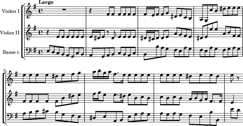 
\version "2.14.2"
\header {
  tagline = ##f
}
global= {
  \time 4/4
  \key e \minor
  \tempo "Largo"

}

violinOne = \new Voice \relative c' {
  \set Staff.instrumentName = #"Violon I "
  \set Staff.midiInstrument = #"violin"
  \tempo 4 = 56
 
  R1 r4 \repeat unfold 3 { fis8 fis } fis16 e fis8 fis g dis e c b | a g c' b dis e e e |
  e8 e e e dis e fis g | a16 b g a fis8. e16 \repeat unfold 4 { e8 e } dis8 e e dis | e8 r8

}

violinTwo = \new Voice \relative c' {
  \set Staff.instrumentName = #"Violon II "
  \clef treble
  \set Staff.midiInstrument = #"violin"

  r4 \repeat unfold 3 { e8 e } e16 dis e8 r8 dis e e e e | dis16 cis dis8 dis e a g fis e | dis e e' e a, b fis fis

  % ms. 5
  fis8 fis fis fis fis b dis e | fis16 g e8 e8. dis16 e8 b c b | c b c b a16 b g a fis8. fis16 | e4

    % \addlyrics {  }
}

basse = \new Voice \relative c {
  \set Staff.instrumentName = #"Basse c."
  \clef bass
  \set Staff.midiInstrument = #"harpsichord"

  e8 d c b a g c b | a g a b c b a c | b b' a g fis e a g | fis e a g fis g a g | 

  % ms. 5
  a8 b c cis b g fis e | dis  e a, b e g a g | a g a g fis e b' b, e'[ d]

}

\score {
  \new StaffGroup <<
    \new Staff << \global \violinOne >>
    \new Staff << \global \violinTwo >>
    \new Staff << \global \basse >>
  >>
  \layout {
    #(layout-set-staff-size 17)
    \context {
      \Score
      % \remove "Metronome_mark_engraver"
      \override SpacingSpanner.common-shortest-duration = #(ly:make-moment 1/2)
    }
  }
  \midi { }
}
