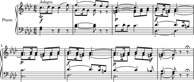 \version "2.18.2"
\header {
  tagline = ##f
}
upper = \relative c' {
  \clef treble 
  \key aes \major
  \time 6/8
  \tempo "Adagio"
  \tempo 4 = 40
   c'8.^\markup{ \italic {Adagio} }  \f  _ \trill   des16 c8 c4 (f8)
   <<{\stemDown g,8. aes16 g8 g ees \rest ees \rest } \\ {  \stemUp f'4. ^ (f8) ees des }>>
     <<{\stemDown <e, g> 4.   \p ~ <e g>8 <f aes> <g bes> g8.  \f aes16 e8 f4. _ (f8.)  \p g16 f8 e f g} \\ {  \stemUp c4. ^ (c4.)  bes8. aes16 g8 aes4. ^ (aes8.)  bes16 aes8 g aes bes}>>
   <<{\stemDown  g8. \f  f16 e8 f4. _ (f8.)  \p e16 f8 g f e! \f e!4.   _ (f8)} \\ {  \stemUp  bes8. aes16 g8 aes4. ^(aes8.) g16 aes8 bes aes g g4. ^(f8)}>>
   r8 r \fermata
}
lower = \relative c' {
  \clef bass
  \key aes \major
  \time 6/8
 
 <f, aes>4 r8  r4 r8
 <bes des>4.  ~ <bes des>8 r r
 c8. des16 c8 c4.
  <<{\stemDown des,4. _ ( des4. )} \\ {  \stemUp des'4. ^(des8.) c16 b8  }>>
 <c, c'>2.
 <<{\stemDown des2. c f4. _ (f8) } \\ {  \stemUp des'4. ^(des8.) c16 b8 c4. ^(c4) bes!8  bes4. ^(aes8)}>>
 r8 r  \fermata
 
} 
\score {
  \new PianoStaff <<
    \set PianoStaff.instrumentName = #"Piano"
    \new Staff = "upper" \upper
    \new Staff = "lower" \lower
  >>
  \layout {
    \context {
      \Score
      \remove "Metronome_mark_engraver"
    }
  }
  \midi { }
}