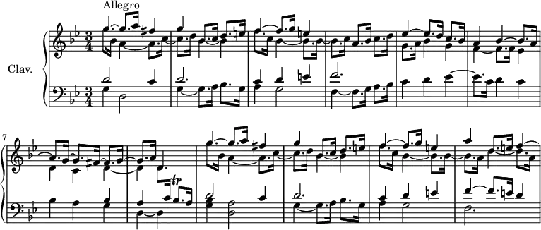 \version "2.18.2"
\header {
  tagline = ##f
  % composer = "Domenico Scarlatti"
  % opus = "K. 8"
  % meter = "Allegro"
}
%% les petites notes
trillBesqp     = { \tag #'print { bes8.\trill } \tag #'midi { c32 bes c bes~ bes16 } }
upper = \relative c'' {
  \clef treble 
  \key g \minor
  \time 3/4
  \tempo 4 = 80
  \set Staff.midiInstrument = #"harpsichord"
  \override TupletBracket.bracket-visibility = ##f
      s8*0^\markup{Allegro}
      << { \mergeDifferentlyDottedOn g'4~ g8. a16 fis4 | g4 bes,8. c16 d8. e16 | f4~ f8. g16 e4 } 
      \\ { g8. bes,16 a4~ a8. c16~ | c8. d16 bes4~ bes | f'8. c16 bes4~ bes8. bes16~ | bes8. c16 } >> a8. bes16 c8. d16 |
      % ms. 5
      << { ees4~ ees8. d16 c8. bes16 | a4 bes4~ bes8. a16~ | a8. g16~ g8. fis16~ fis8. g16~ | g8. a16 d,4 } 
      \\ { g8. a16 bes4 g | f4~ f8. f16 ees4 | d c  d4~ | d d8. \stemUp \change Staff = "lower" c16 } >> s4  \change Staff = "upper" |
      % ms. 9
      << { g''4~ g8. a16 fis4 | g4 bes,8. c16 d8. e16 | f4~ f8. g16 e4 | a d,8. e16 f4~ \hideNotes f16*0 } 
      \\ { g8. bes,16 a4~ a8. c16~ | c8. d16 bes4~ bes | f'8. c16 bes4~ bes8. bes16~ | bes8. a16 d4~ d8. a16 } >>
      % ms. 16
      
      % ms. 21
      
}
lower = \relative c' {
  \clef bass
  \key g \minor
  \time 3/4
  \set Staff.midiInstrument = #"harpsichord"
  \override TupletBracket.bracket-visibility = ##f
    % ************************************** \appoggiatura a8  \repeat unfold 2 {  } \times 2/3 { }   \omit TupletNumber 
      << { d2 c4 | d2. | c4 d e | f2. } 
      \\ { g,4 d2 | g4~ g8. a16 bes8. g16 | a4 g2 | f4~ f8. g16 a8. bes16 } >>
      % ms. 5
      c4 d ees4~ | ees8. c16 d4 c | bes a << { bes4 | a s4 \trillBesqp a16 } \\ { g4 | d~ d } >>
      % ms. 9
      << { d'2 c4 | d2. | c4 d e | f4~ f8. e16 d4 } 
      \\ { < g, bes >4 < d a' >2 | g4~ g8. a16 bes8. g16 | a4 g2 | f2. } >>
      % ms. 16
      
      % ms. 21
      
}
thePianoStaff = \new PianoStaff <<
    \set PianoStaff.instrumentName = #"Clav."
    \new Staff = "upper" \upper
    \new Staff = "lower" \lower
  >>
\score {
  \keepWithTag #'print \thePianoStaff
  \layout {
      #(layout-set-staff-size 17)
    \context {
      \Score
     \override SpacingSpanner.common-shortest-duration = #(ly:make-moment 1/2)
      \remove "Metronome_mark_engraver"
    }
  }
}
\score {
  \keepWithTag #'midi \thePianoStaff
  \midi { }
}