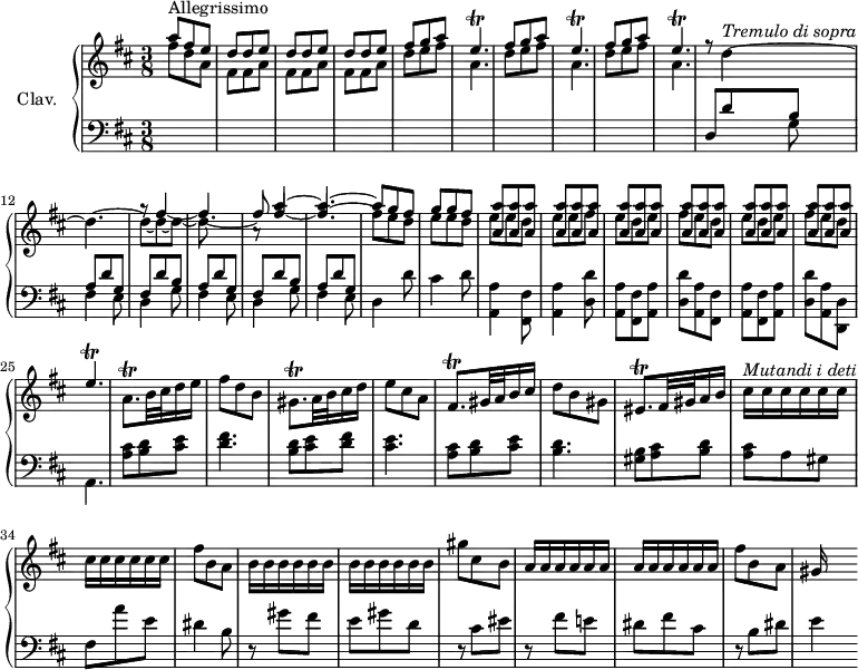 \version "2.18.2"
\header {
  tagline = ##f
}
%% les petites notes
%trillE       = { \tag #'print { e4.\trill } \tag #'midi { \repeat unfold 3 { fis16 e } } }
%trillEarr    = { \tag #'print { e4.\trill } \tag #'midi { \repeat unfold 2 { fis16 e } fis16 \tempo 4. = 20 e \tempo 4. = 106 } }
trillE       = { \tag #'print { e4.\trill } \tag #'midi { \times 2/3 { fis16 e fis e fis16 e~ } e8 } }
trillEarr    = { \tag #'print { e4.\trill } \tag #'midi { \times 2/3 { fis16 e fis e fis e~ } fis16 \tempo 4. = 20 e \tempo 4. = 106 } }
trillA       = { \tag #'print { a8.\trill } \tag #'midi { \times 2/3 { b16 a b } \tempo 4. = 96 a   \tempo 4. = 106 } }
trillGis     = { \tag #'print { gis8.\trill } \tag #'midi { \times 2/3 { a16 gis a } gis } }
trillFis     = { \tag #'print { fis8.\trill } \tag #'midi { \times 2/3 { gis16 fis gis } fis } }
trillEis     = { \tag #'print { eis8.\trill } \tag #'midi { \times 2/3 { fis16 eis fis } eis } }
tremD        = { \tag #'print { d4~^\markup{\italic "Tremulo di sopra"} d4.~ } \tag #'midi { \repeat unfold 5 { e16 d } } } 
tremFis      = { \tag #'print { fis4~ fis4.~ } \tag #'midi { \repeat unfold 5 { g16 fis } } } 
tremA        = { \tag #'print { a'4~ a4.~ } \tag #'midi { \repeat unfold 5 { b16 a } } }
upper = \relative c'' {
  \clef treble 
  \key d \major
  \time 3/8
  \tempo 4. = 106
  \set Staff.midiInstrument = #"harpsichord"
  << { a'8^"Allegrissimo" fis e  \repeat unfold 3 { d d e } \repeat unfold 2 { fis g a \trillE } fis g a \trillE  \tempo 4. = 100 } \\ { fis8 d a \repeat unfold 3 { fis fis a } \repeat unfold 3 { d8 e fis a,4. } } >>
  << { s4.*4 a8\rest \tremA a8 g fis  g g fis } \\ { s4.*2 g8\rest \stemUp \tremFis fis8 fis4~ fis4.^~ \stemDown fis8 e d  e e d } \\ { r8 \stemDown \tremD d_~ d_~ d_~ d } >>
  % ms. 9
  << { \repeat unfold 18 { < a a' >8 } \relative c'' \trillEarr } \\ { \stemDown e'8 e d e e fis \repeat unfold 2 { e8 d e fis e d } } >>
  % ms. 26
  \trillA b32 cis d16 e | fis8 d b | \trillGis a32 b cis16 d | e8 cis a | \trillFis gis32 a b16 cis | d8 b gis | \trillEis fis32 gis a16 b | 
  % ms. 33
  \tempo 4. = 92 cis16^\markup{\italic "Mutandi i deti"} \repeat unfold 11 { cis16 } fis8 b, a | \repeat unfold 12 { b16 } | gis'8 cis, b |
  \repeat unfold 12 { a16 } | fis'8 b, a | gis16
}
lower = \relative c {
  \clef bass
  \key d \major
  \time 3/8
  \set Staff.midiInstrument = #"harpsichord"
    % **************************************
   s4.*10 << { d8 \repeat unfold 2 { d' b a d g, fis } d' b a d g, } \\ { s4 \repeat unfold 3 { g8 fis4 e8 d4 } d'8 cis4 d8 < a, a' >4 < fis fis' >8 < a a' >4 < d d' >8 | < a a' >8 < fis fis' > < a a' > < d d' > < a a' > < fis fis' > < a a' >8 < fis fis' > < a a' > < d d' >8 < a a' > < d, d' > a'4. } >>
    % ms. 26
    < a' cis >8 < b d > < cis e > | < d fis >4. | < b d >8 < cis e > < d fis > | < cis e >4. | < a cis >8 < b d > < cis e > | < b d >4. | < gis b >8 < a cis > < b d > | < a cis > a gis | fis a' e | dis4 b8 | 
    % ms. 36
    r8 gis'8 fis  | e gis d | r8 cis8 eis | r8 fis8 e! | dis8 |fis cis | r8 b dis | e4
} 
thePianoStaff = \new PianoStaff <<
    \set PianoStaff.instrumentName = #"Clav."
    \new Staff = "upper" \upper
    \new Staff = "lower" \lower
  >>
\score {
  \keepWithTag #'print \thePianoStaff
  \layout {
      #(layout-set-staff-size 17)
    \context {
      \Score
     \override SpacingSpanner.common-shortest-duration = #(ly:make-moment 1/2)
      \remove "Metronome_mark_engraver"
    }
  }
}
\score {
  \keepWithTag #'midi \thePianoStaff
  \midi { }
}