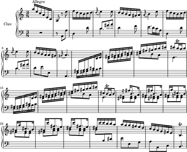 \version "2.18.2"
\header {
  tagline = ##f
  % composer = "Domenico Scarlatti"
  % opus = "K. 110"
  % meter = "Allegro"
}
%% les petites notes
trillBp      = { \tag #'print { b4.\trill } \tag #'midi { c32 b c b~ b4 } }
trillBqq     = { \tag #'print { b16\trill } \tag #'midi { \times 2/3 { b32 cis b } } }
upper = \relative c'' {
  \clef treble 
  \key a \minor
  \time 3/8
  \tempo 4. = 72
  \set Staff.midiInstrument = #"harpsichord"
  \override TupletBracket.bracket-visibility = ##f
      s8*0^\markup{Allegro}
      a'16 e c a e c | a8 r8 e''8 | f16 d c b c d | \appoggiatura d32 e4 e8 | d16 c b a gis a | \appoggiatura a32 b4 e8 |
      % ms. 7
      f16 d c b c d | \appoggiatura d32 e4 e8 | d16 c b a a gis | \appoggiatura gis32 a4. | \stemUp \change Staff = "lower" gis,16 a b cis \stemUp \change Staff = "upper" d e | fis gis a b cis d | e fis gis a b cis |
      % ms. 14
      cis8 \trillBqq a16 b8 | \stemUp \change Staff = "lower" gis,,16 a b cis \stemUp \change Staff = "upper" d e | fis gis a b cis d | e fis gis a b cis | cis,8 \trillBqq a16 b8 | r16 \repeat unfold 2 { fis'16 b,8. a16 |
      % ms. 20
      gis16 } g' cis,8. b16 | ais16 g' cis,8. b16 | ais16 c' fis,8. e16 | dis16 c' fis,8. e16 | dis16 c' c b b a |
      % ms. 26
      a16 g g fis e d | c b a g fis e | \trillBp
}
lower = \relative c' {
  \clef bass
  \key a \minor
  \time 3/8
  \set Staff.midiInstrument = #"harpsichord"
  \override TupletBracket.bracket-visibility = ##f
    % ************************************** \appoggiatura a16  \repeat unfold 2 {  } \times 2/3 { }   \omit TupletNumber 
      R4. | r8 a,8 a' | d,4 d'8 | << { c8 gis' a } \\ { \mergeDifferentlyDottedOn c,4. } >> | d4 f8 | e8. d16 c a |
      % ms. 7
      d,4 d'8 | << { c8 gis' a } \\ { \mergeDifferentlyDottedOn c,4. } >> | d8 e e, | a,4. | \repeat unfold 2 { \stemDown \change Staff = "lower" e'16 fis gis a b cis | \change Staff = "upper" d e fis gis a b | cis8 b a |
      % ms. 14
      e4. } | < dis fis >8 q q |
      % ms. 20
      e8 <dis fis>8 q | e < e g >8 q | fis < e g >8 q | fis < ais c >8 q | b < a c >8 q | b \stemNeutral \change Staff = "lower" b, dis
      % ms. 26
      e8 e, g | a a, c | b4. |
}
thePianoStaff = \new PianoStaff <<
    \set PianoStaff.instrumentName = #"Clav."
    \new Staff = "upper" \upper
    \new Staff = "lower" \lower
  >>
\score {
  \keepWithTag #'print \thePianoStaff
  \layout {
      #(layout-set-staff-size 17)
    \context {
      \Score
     \override SpacingSpanner.common-shortest-duration = #(ly:make-moment 1/2)
      \remove "Metronome_mark_engraver"
    }
  }
}
\score {
  \keepWithTag #'midi \thePianoStaff
  \midi { }
}