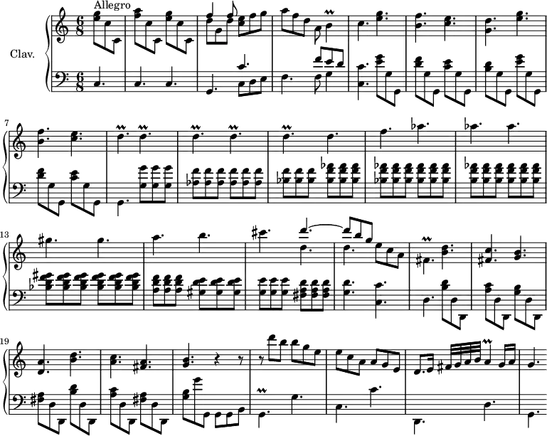 
\version "2.18.2"
\header {
  tagline = ##f
  % composer = "Domenico Scarlatti"
  % opus = "K. 340"
  % meter = "Allegro"
}

%% les petites notes
trillB      = { \tag #'print { b4\prall } \tag #'midi { c32 b c b~ b8 } }
trillDp     = { \tag #'print { d4.\prall } \tag #'midi { e32 d e d~ d4 } }
trillFisp   = { \tag #'print { fis4.\prall } \tag #'midi { g32 fis g fis~ fis4 } }
trillA      = { \tag #'print { a4\prall } \tag #'midi { b32 g b g~ g8 } }
trillGp     = { \tag #'print { g4.\prall } \tag #'midi { a32 g a g~ g4 } }

upper = \relative c'' {
  \clef treble 
  \key c \major
  \time 6/8
  \tempo 4. = 94
  \set Staff.midiInstrument = #"harpsichord"
  \override TupletBracket.bracket-visibility = ##f

      s8*0^\markup{Allegro}
      \partial 4. \stemDown < e g >8 c c, | < f' a > c c, < e' g > c c, | << { f'4 f8 } \\ { d8 g, d' } >> < c e >8 f g | a f d a \trillB
      % ms. 4
      c4. < e g >4. | < b f' > < c e > | < g d' > < e' g > | < b f' > < c e > | \repeat unfold 5 { \trillDp }
      % ms. 10 suite
      d4. f aes aes aes
      % ms. 13
      gis4. gis a b cis << { d4.~ d8 b g } \\ { d4. d4. } >> e8 c a
      % ms. 17
      \trillFisp \stemNeutral < b d >4. | < fis c' > < g b > | < d a' > < b' d > | < a c > < fis a > | < g b > r4 r8 |
      % ms. 22
      r8 d'' b b g e | e c a a g e | d8. e16 fis32[ g a b] \trillA g16 a | g4.

}

lower = \relative c' {
  \clef bass
  \key c \major
  \time 6/8
  \set Staff.midiInstrument = #"harpsichord"
  \override TupletBracket.bracket-visibility = ##f

    % ************************************** \appoggiatura a16  \repeat unfold 2 {  } \times 2/3 { }   \omit TupletNumber 
      c,4. c c g << { c'4. |s4. f8 e d } \\ { c,8 d e | f4. f8 g4 } >> | 
      % ms. 4
      < c, c' >4. \stemDown < e' g >8 g, g, | < d'' f > g, g, < c' e > g g, | < b' d > g g, < e'' g >8 g, g, | < d'' f > g, g, < c' e > g g, | g4. < g' g' >8 q q |
      % ms. 9
      < aes f' > q q q q q | < bes f' > q q < bes f' aes > q q | q q q q q q | < b f' aes > q q q q q |
      % ms. 13
      < bes d f gis >8 q q q q q | < a d f > q q < gis d' e > q q | < g e' > q q < fis a d > q q | < g d' >4. < c, c' >
      % ms. 17
      d4. < b' d >8 d, d, | < a'' c >8 d, d, < g' b > d d, | < fis' a > d d,  < b'' d >8 d, d, | < a'' c >8 d, d, < fis' a > d d, | < g' b > g' g,, g g b |
      % ms. 22
      \trillGp g'4. | c, c' | d,, d' | g,

}

thePianoStaff = \new PianoStaff <<
    \set PianoStaff.instrumentName = #"Clav."
    \new Staff = "upper" \upper
    \new Staff = "lower" \lower
  >>

\score {
  \keepWithTag #'print \thePianoStaff
  \layout {
      #(layout-set-staff-size 17)
    \context {
      \Score
     \override SpacingSpanner.common-shortest-duration = #(ly:make-moment 1/2)
      \remove "Metronome_mark_engraver"
    }
  }
}

\score {
  \keepWithTag #'midi \thePianoStaff
  \midi { }
}
