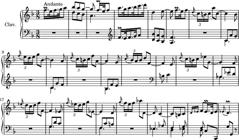 
\version "2.18.2"
\header {
  tagline = ##f
  % composer = "Domenico Scarlatti"
  % opus = "K. 194"
  % meter = "Andante"
}

%% les petites notes
trillFqqp     = { \tag #'print { f16.\prall[ } \tag #'midi { \times 2/3 { g32 f g } f32 } }
trillDp       = { \tag #'print { d4.\prall } \tag #'midi { ees32 d ees d~ d4 } }
trillEqqp     = { \tag #'print { ees16.\prall } \tag #'midi { \times 2/3 { f32 ees f } ees32 } }

upper = \relative c'' {
  \clef treble 
  \key f \major
  \time 3/8
  \tempo 4. = 56
  \set Staff.midiInstrument = #"harpsichord"
  \override TupletBracket.bracket-visibility = ##f

      s8*0^\markup{Andante}
      \trillFqqp e32 f16. g32 a8] | << { bes8 a g~ | g \trillFqqp e32 f8] } \\ { d8 c bes | a4. } >> | a'16. g32 a16. bes32 c16. d32 | d,4 e8~ | e \trillFqqp e32 f8] |
      % ms. 7
      \times 2/3 { \appoggiatura d16 c16[ b c] } a'8 c,~ | c4 bes8 | \times 2/3 { \appoggiatura f'16 e16[ d e] } g8 bes,~ | bes4 a8 | \times 2/3 { \appoggiatura d16 c16[ b c] } f8 a,~ | a4 g8 | \times 2/3 { \appoggiatura c16 bes16[ a bes] } d8 f,~ |
      % ms. 14
      f4 e8 | \times 2/3 { \appoggiatura d'16 c16[ b c] } ees8 g,~ | g4 f8 | \times 2/3 { \appoggiatura ees'16 d16[ c d] } f8 f,~ | f4 ees8 | \times 2/3 { \appoggiatura f'16 ees16[ d ees] } g8 ees,~ | ees4 d8 |
      % ms. 21
      \times 2/3 { \appoggiatura g'16 f16[ e f] } aes8 d,,~ | d8 c4~ | c8 b c | \grace { \tempo 4. = 30 d16 ees }   \tempo 4. = 56 f8 \trillEqqp d32 ees8 | \appoggiatura ees8 \trillDp 
      % ms. 28
      
      % ms. 35
      
      % ms. 42
      
      % ms. 49
      

}

lower = \relative c' {
  \clef bass
  \key f \major
  \time 3/8
  \set Staff.midiInstrument = #"harpsichord"
  \override TupletBracket.bracket-visibility = ##f

    % ************************************** \appoggiatura a16  \repeat unfold 2 {  } \times 2/3 { }   \omit TupletNumber 
      R4.*3 |   \clef treble  \trillFqqp e32 f16. g32 a8] | < d, bes' >8 < c a' > < bes g' > | < a f' >4. |
      % ms. 7
      R4. | << { c8 a' g } \\ { \mergeDifferentlyDottedOn c,4. } >> | R4. | << { c8 g' f } \\ { c4. } >> | R4. | << { bes8 f' e } \\ { bes4. } >> | R4. |   \clef bass
      % ms. 14
      b8 c4 | R4. | << { aes8 ees' d } \\ { aes4. } >> | R4. | << { g8 d' c } \\ { g4. } >> | R4. | << { f8 c' b } \\ { f4. } >> |
      % ms. 21
      R4. | << { ees4 aes8 | f4 g8 | f8  } \\ { ees4. | d4 ees8 | d } >> c8 c, | g'' g, r8 | 
      % ms. 28
      
      % ms. 35
      
      % ms. 42
      
      % ms. 49
      

}

thePianoStaff = \new PianoStaff <<
    \set PianoStaff.instrumentName = #"Clav."
    \new Staff = "upper" \upper
    \new Staff = "lower" \lower
  >>

\score {
  \keepWithTag #'print \thePianoStaff
  \layout {
      #(layout-set-staff-size 17)
    \context {
      \Score
     \override SpacingSpanner.common-shortest-duration = #(ly:make-moment 1/2)
      \remove "Metronome_mark_engraver"
    }
  }
}

\score {
  \keepWithTag #'midi \thePianoStaff
  \midi { }
}
