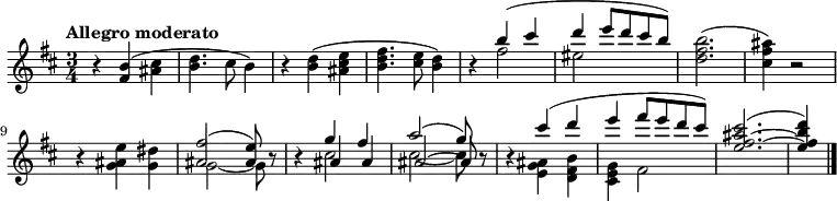 \new Staff \with {
midiInstrument = "acoustic grand"
}
\relative c' {
\version "2.18.2"
\key b \minor
\time 3/4
\tempo "Allegro moderato"
\tempo 4 = 138
r4 <fis b> (<ais cis>
<b d>4. cis8 b4)
r4 <b d> (<ais cis e>
<b d fis>4. <cis e>8 <b d>4)
r4 <<{b' (cis d4 e8 d cis b)} \\ {fis2 | eis2}>>
<d fis b>2. (
<cis fis ais>4) r2
r4 <g ais e'>4 <g dis'>4
<<{<ais fis'>2 (<ais e'>8)} \\ {g2~ g8}>> r8
r4 <<{g'4 fis4 | a2 (g8)} \\ {cis,2 | cis2~ cis8} \\ {ais4 ais | ais2~ ais8}>> r8
r4 <<{cis'4 (d4 e4 fis8 e8 d8 cis8) | <e,~ fis~ ais cis>2. (| <e fis b d>4)}
\\ {<e, g ais>4 <d fis b> | <cis e g>4 fis2}>>
\bar "|."
}